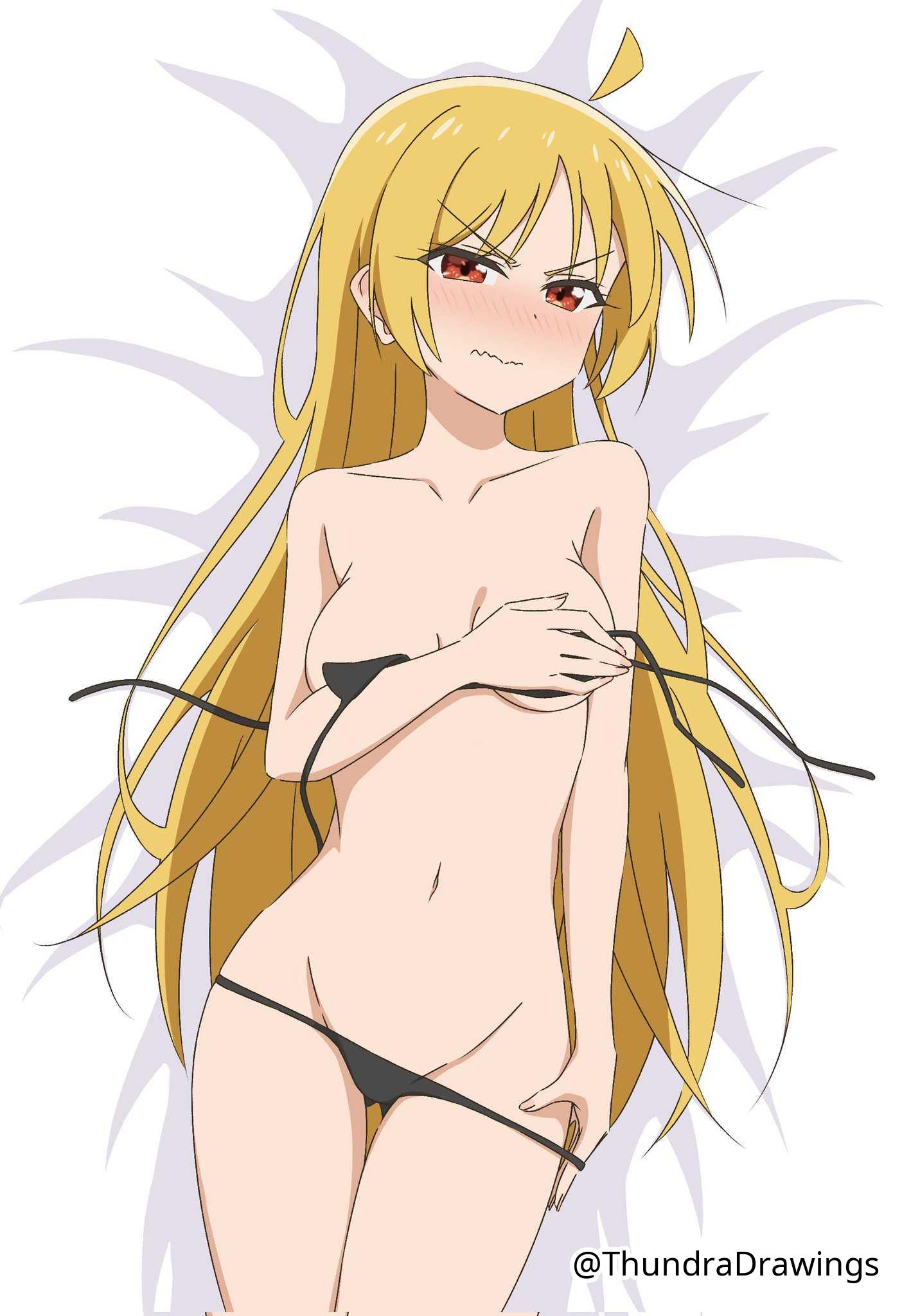 1girls, 2d, 2d (artwork), 2d artwork, adult, adult female, ahoge, almost naked, almost nude, ass visible through thighs, average breasts, baddie, bare arms, bare belly, bare chest, bare hands, bare hips, bare legs, bare midriff, bare navel, bare shoulders, bare skin, bare thighs, belly, belly button, bewitching thighs, bikini, bikini bottom, bikini only, bikini top, black bikini, black bikini bottom, black bikini top, black swimsuit, black swimwear, blonde female, blonde hair, blonde hair female, blonde-haired female, blush, blush face, blushing at viewer, blushing female, blushing lines, bocchi the rock!, breasts, child bearing hips, collarbone, covering, covering breasts, covering chest, covering nipples, covering self, curvaceous, curvaceous body, curvaceous female, curvaceous figure, curvaceous hips, curvy, curvy body, curvy female, curvy figure, curvy hips, digital, digital art, digital drawing, digital drawing (artwork), digital media, digital media (artwork), drawing, elbows, embarrassed, embarrassed exposed female, embarrassed expression, embarrassed female, embarrassed nude female, exposed arms, exposed belly, exposed chest, exposed hips, exposed legs, exposed midriff, exposed navel, exposed shoulders, exposed skin, exposed thighs, eyebrows visible through hair, female, female focus, female only, fertile hips, fingernails, fingers, flustered, flustered female, frown, frown eyebrows, frowning, frowning at viewer, groin, hand on breast, hand on chest, hand on leg, hand on own breast, hand on own chest, hand on own leg, hand on own thigh, hand on thigh, head tilt, hiding breasts, high resolution, highres, hourglass figure, ijichi seika, inframammary fold, inguinal crease, inguinal ligament, lean figure, long hair, looking at viewer, lying, lying down, lying on back, lying on bed, mature, mature female, medium breasts, midriff, mostly nude, naked, naked female, naked woman, narrow waist, navel, nearly nude, nude, nude female, nudity, on back, on bed, orange eyes, orange-eyed female, practically nude, shoulders, simple background, slender body, slender waist, slim female, slim waist, solo, string bikini, swimsuit, swimwear, thigh gap, thighs, thundradrawings, tilted head, upper body, white background, wide hips, yellow hair, yellow-haired female