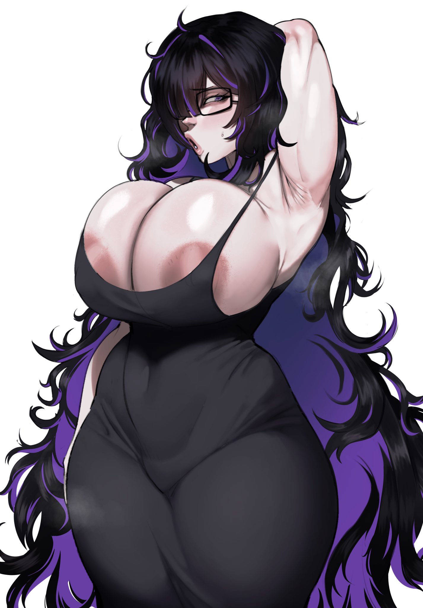 areola slip, arm up, armpit, black dress, black hair, black-framed eyewear, cleavage, covered navel, curvy, female, female only, glasses, goddess of victory: nikke, huge breasts, k yon1, kjon1, label (nikke), parted lips, purple eyes, purple hair, simple background, sweatdrop, thick thighs, very long hair, white background, wide hips