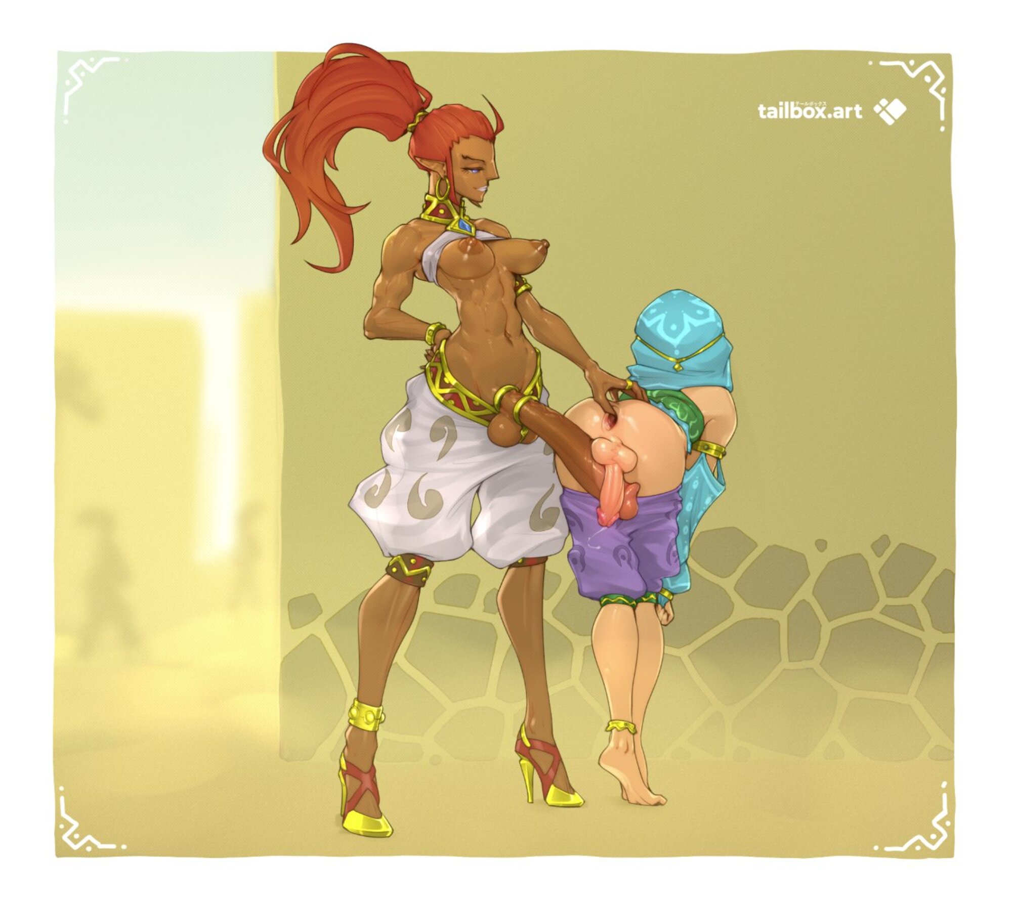 1boy, 1futa, 2026, 2d, 2d (artwork), 2d artwork, abs, anus, aquiline nose, areola, areolae, artist name, ass, athletic, athletic futa, back view, balls, ballsack, bare shoulders, barefoot, bedroom eyes, belly, belly button, bent over, big ass, big butt, big cock, big hair, big penis, bracelet, breasts, breasts out, breath of the wild, clothes pull, cock, cock ring, cock-tail, crossdressing, crossdressing (mtf), curvaceous, curvy, curvy figure, dark skin, dark-skinned female, dark-skinned futa, dick, dicks touching, dominant, dominant futa, ear piercing, earrings, erect nipples, erect penis, erection, female, femboy, femboysub, fit, fit futa, frot, frottage, frotting, futa on male, futa with male, futadom, futanari, gaping, gaping anus, gerudo, gerudo link, gerudo set (zelda), harem pants, hi res, high heels, highres, hoop earrings, hourglass figure, huge cock, imminent anal, imminent penetration, imminent sex, interracial, jewelry, large cock, large penis, link, link (breath of the wild), long hair, malesub, medium breasts, muscles, muscular, muscular female, navel, nipples, nose, outdoors, pants, pants pull, penis, penis on penis, penis out, penis to penis, penises touching, perky breasts, pointy ears, ponytail, presenting, presenting anus, presenting ass, presenting butt, presenting hindquarters, puffy nipples, purple pants, rear view, red hair, sex toy, sissification, sissy, slim, slim waist, spreading another's anus, standing, stomach, submissive, submissive femboy, submissive male, tailbox, testicles, the legend of zelda, toned, toned arms, toned belly, toned body, toned futa, toned stomach, trap, waist, watermark, white border