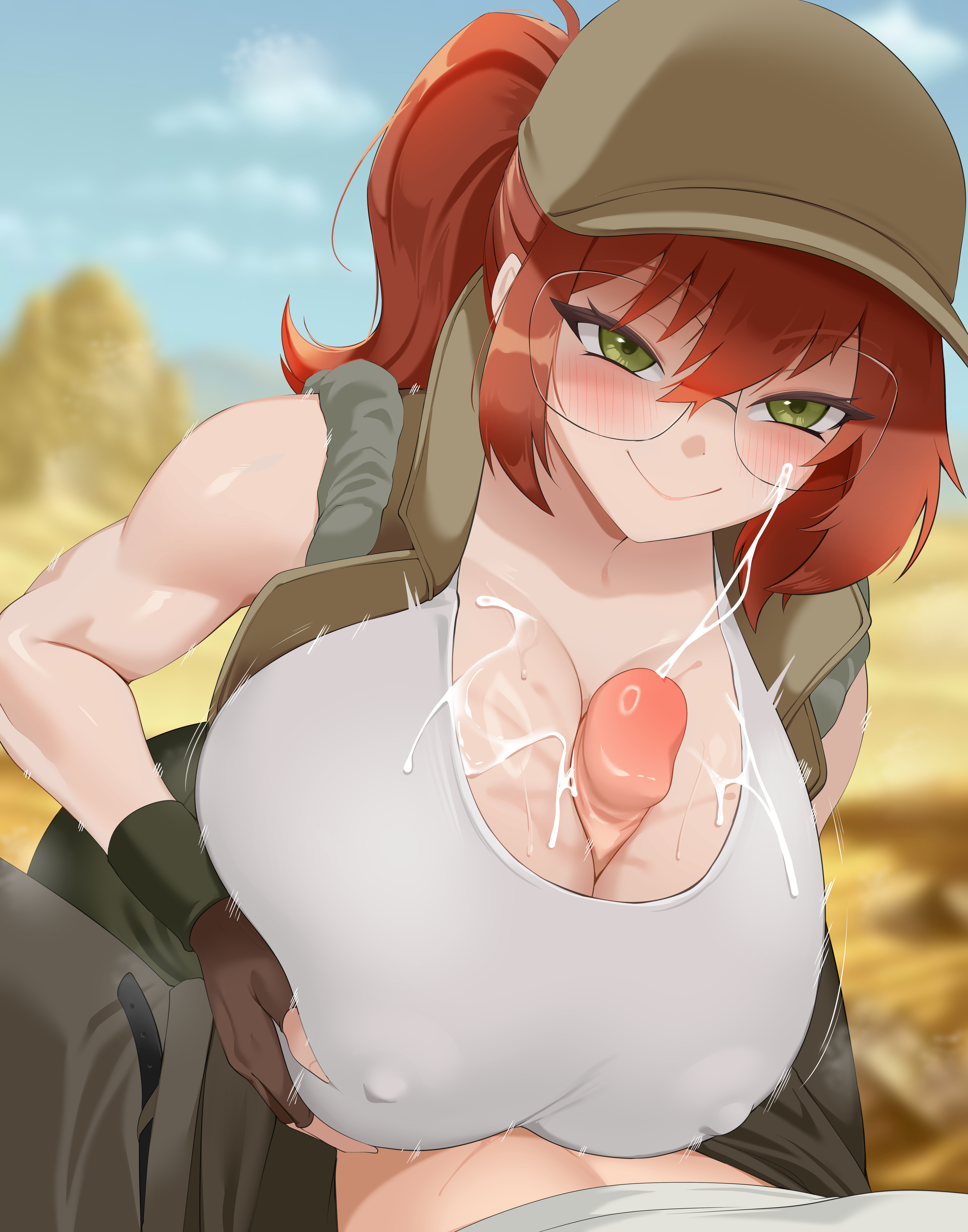 1boy, 1girls, absurdres, baseball cap, breasts, brown hair, cleavage, commission, covered erect nipples, cum, cum on body, cum on breasts, cum on clothes, cum on upper body, cum version, deepspace, desert, ejaculation, female, fingerless gloves, fio germi, glasses, gloves, green eyes, hat, highres, huge breasts, light skin, light-skinned female, light-skinned male, looking at another, male, marco rossi, metal slug, motion lines, open clothes, open vest, outdoors, paizuri, paizuri under clothes, pants, penis, pov, pov crotch, shirt, sleeveless, smile, snk, speed lines, sweat, sweatdrop, tank top, vest, white shirt, white tank top