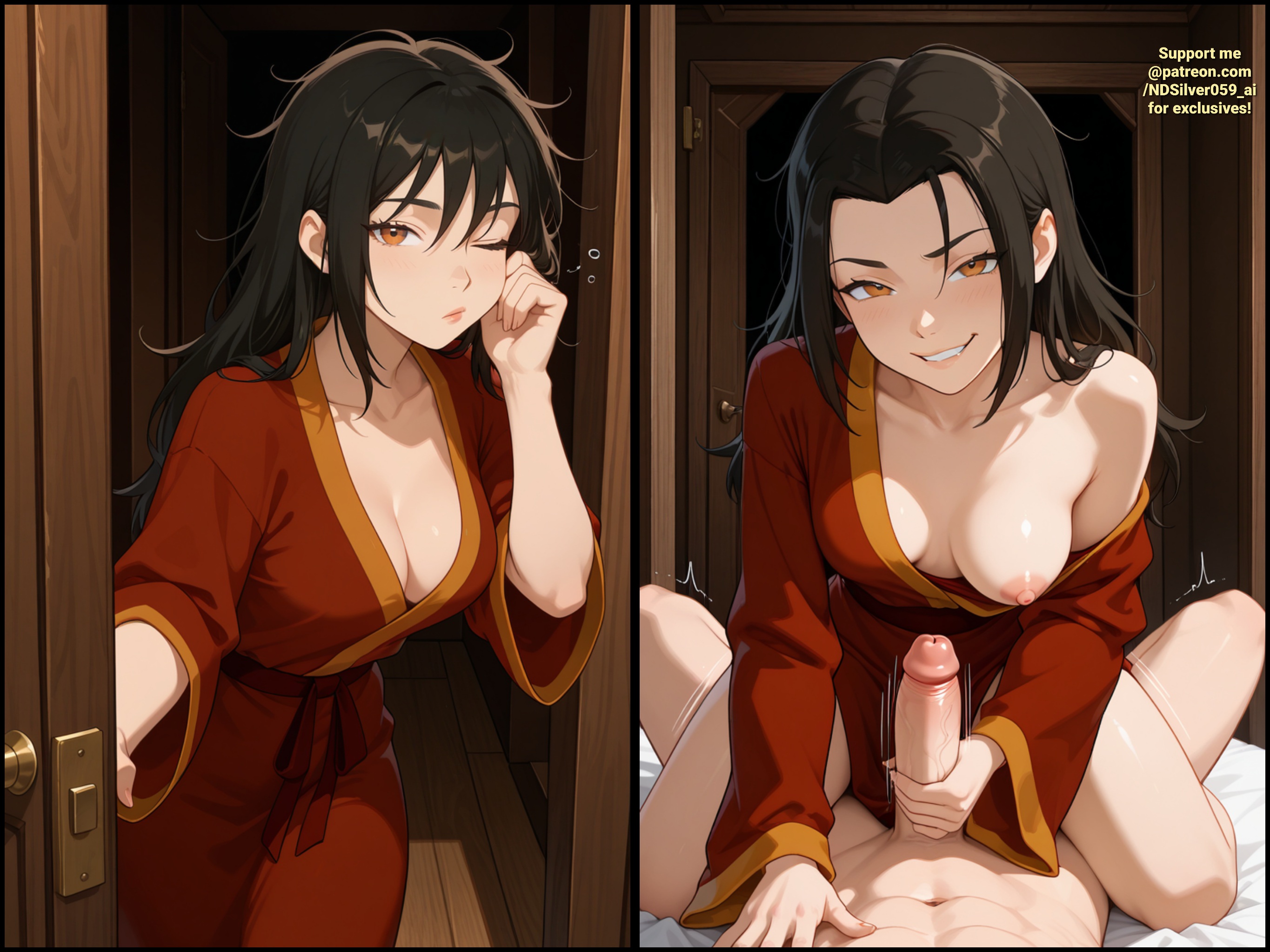 1boy, 1girls, ai generated, avatar the last airbender, azula, black hair, brother and sister, cleavage, family, family sex, female, handjob, incest, looking at viewer, messy hair, naughty face, ndsilver059, nickelodeon, nipples, one breast out, penis, pov, pov eye contact, robe, sex, sleeping, solo, solo female, solo focus, straight, straight sex, tagme, tired, tired eyes, watermark, yellow eyes, zuko