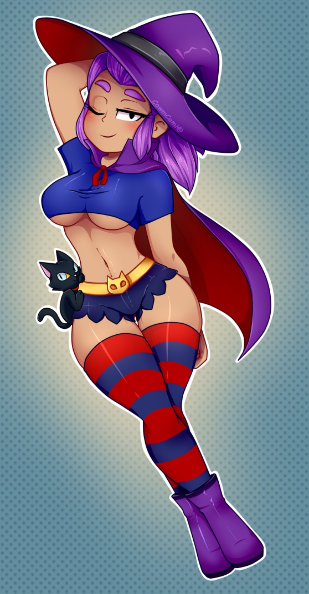 big breasts, blush, brawl stars, breasts, cape, cawmcami, feline, female, hot pants, purple hair, shelly (brawl stars), shoes, smiling, stockings, striped legwear, thick thighs, tight clothing, twitching, witch, witch hat, witch shelly