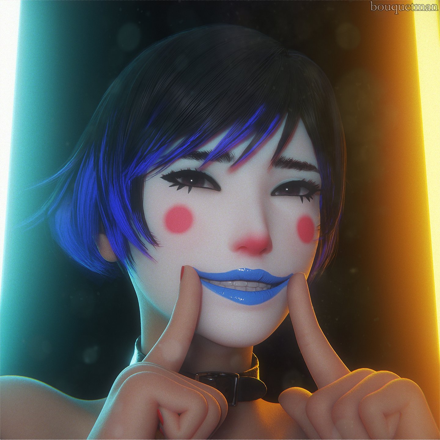1girls, 3d, 3d (artwork), 3d render, april fools, bandai namco, blender (software), bouquetman, choker, clown, clown girl, clown makeup, female, female only, nude, nude female, reina mishima, smile, solo, tekken, tekken 8