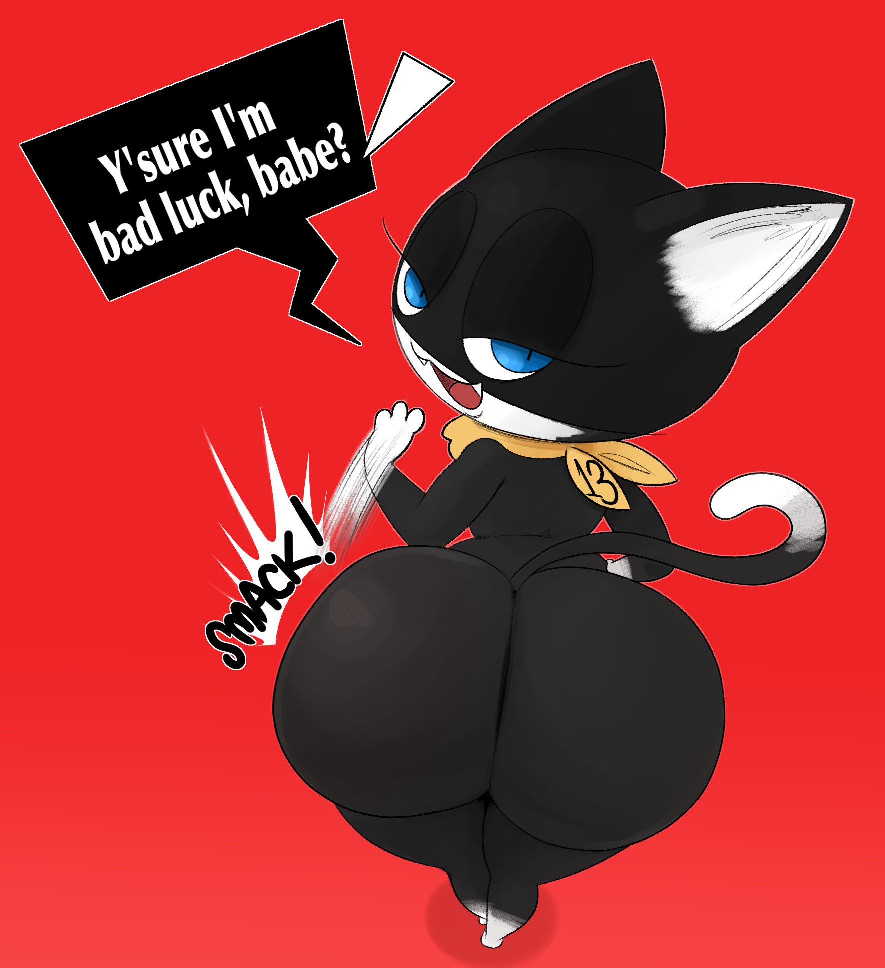 anthro, ass, bandana, english text, feline, looking at viewer, looking back, male, male only, morgana (persona), ota (artist), persona, persona 5, solo male, trap