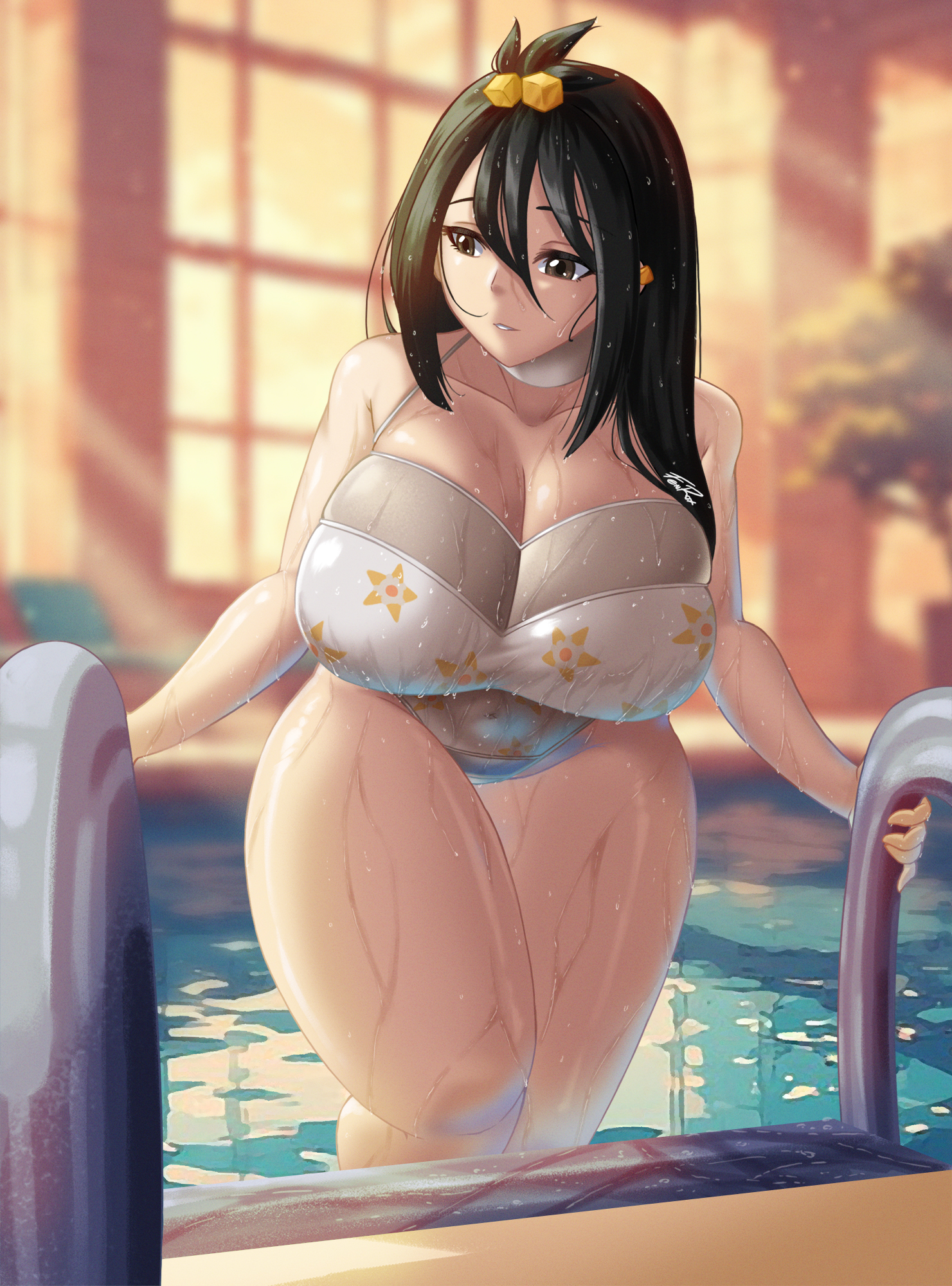1girls, big breasts, duro (pokemon), fenrox, huge breasts, lida (pokemon), one-piece swimsuit, pokemon, pokemon legends: z-a, pool, solo, solo female, tagme, thick thighs, wet body, wet hair