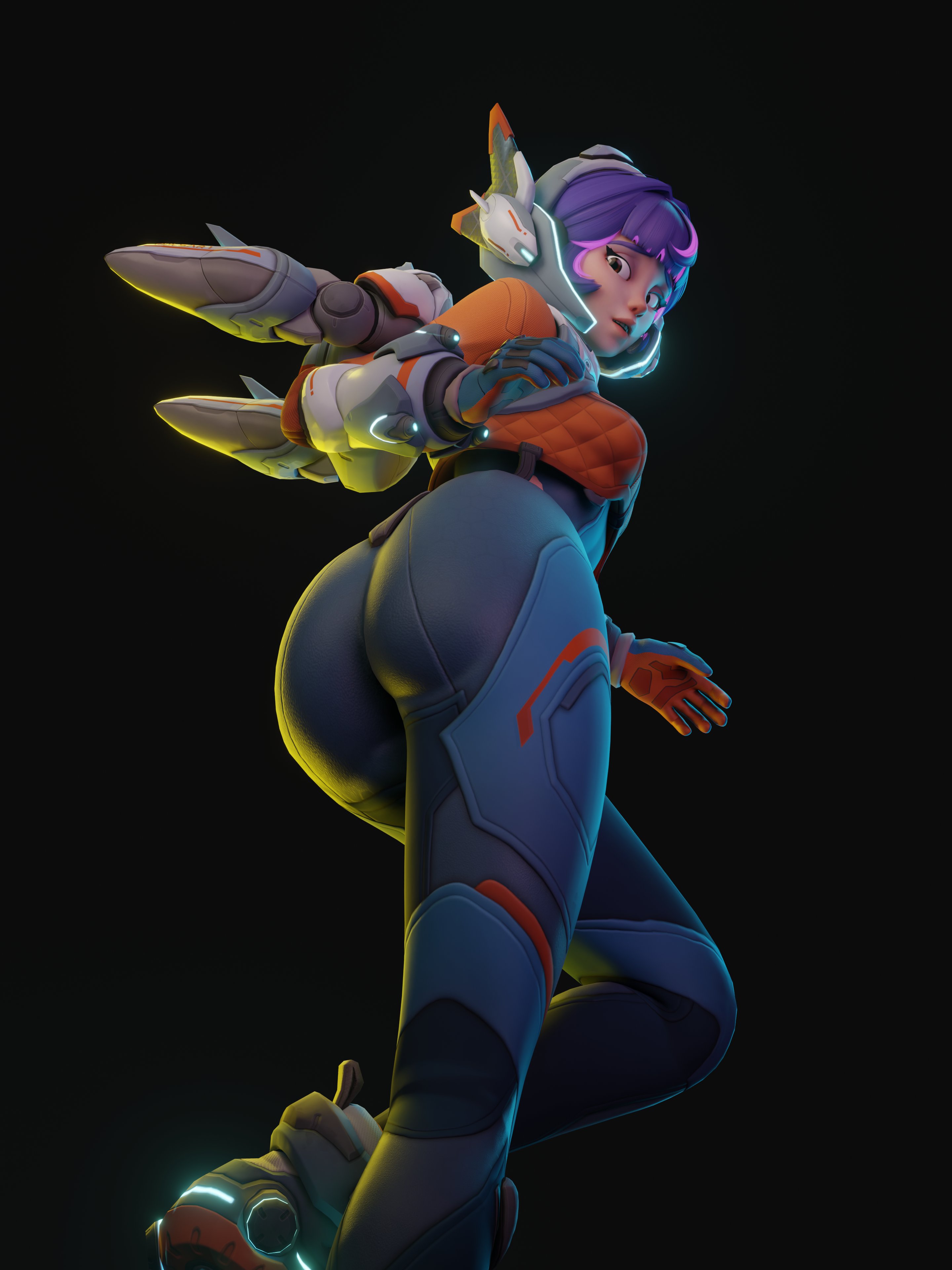 1girls, 3d, 3d (artwork), big ass, bodysuit, breasts, jpeg, juno (overwatch), looking at viewer, looking back, overwatch, overwatch 2, pink hair, purple hair