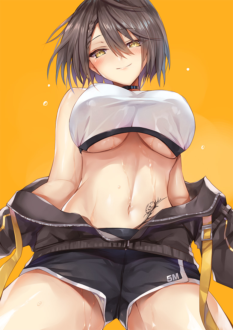 1girls azur_lane baltimore_(azur_lane) black_choker blush braid braided_hair brown_hair choker hinot huge_breasts jacket large_breasts navel open_clothes solo solo_female stomach underboob yellow_eyes