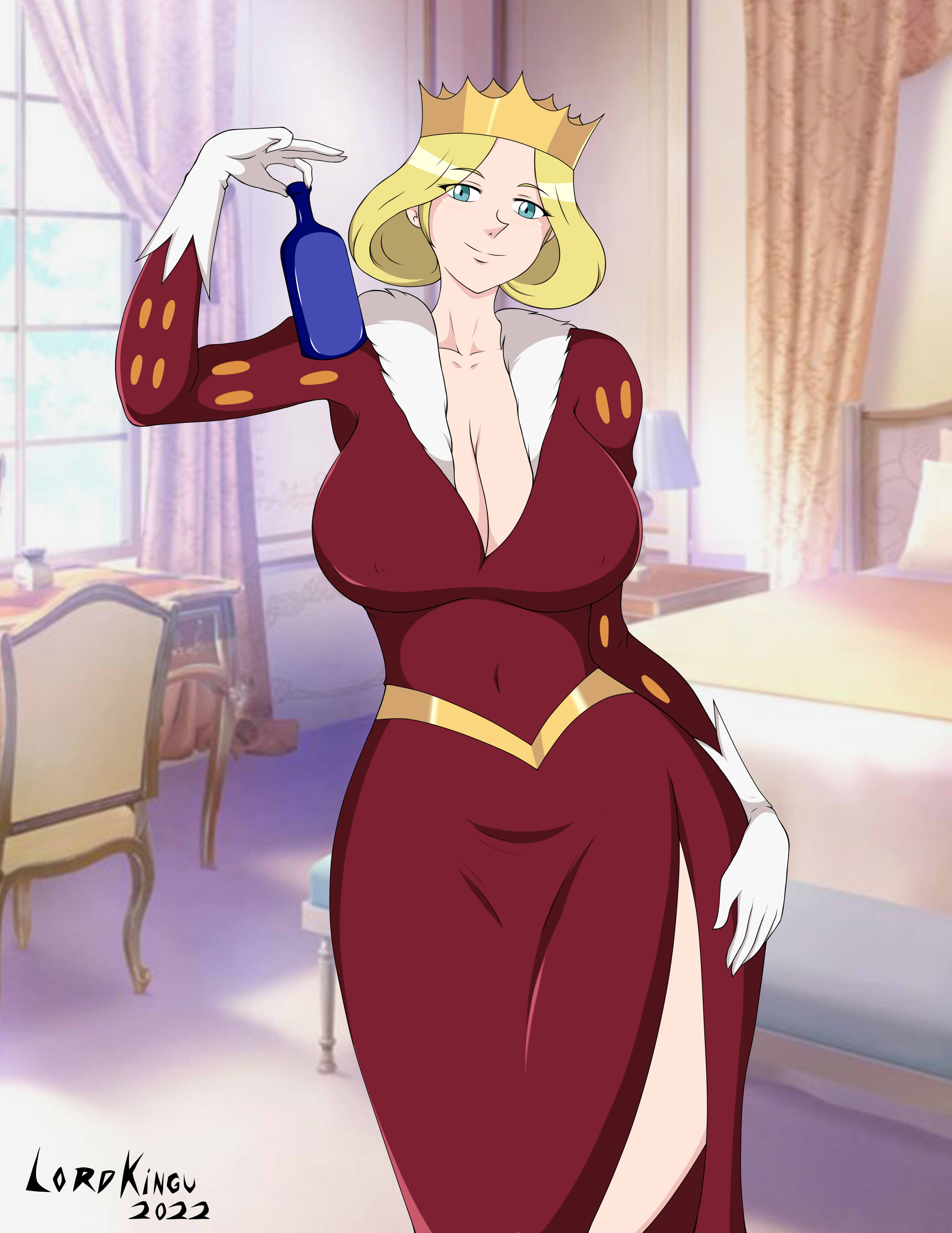 1girls, big breasts, blonde hair, blue eyes, bottle, breasts, cleavage, clothing, crown, dress, female, female only, hair, holding bottle, huge breasts, kinguart, mature, mature female, milf, mother, ousama ranking, queen, queen hilling, royalty, smile, solo, solo female