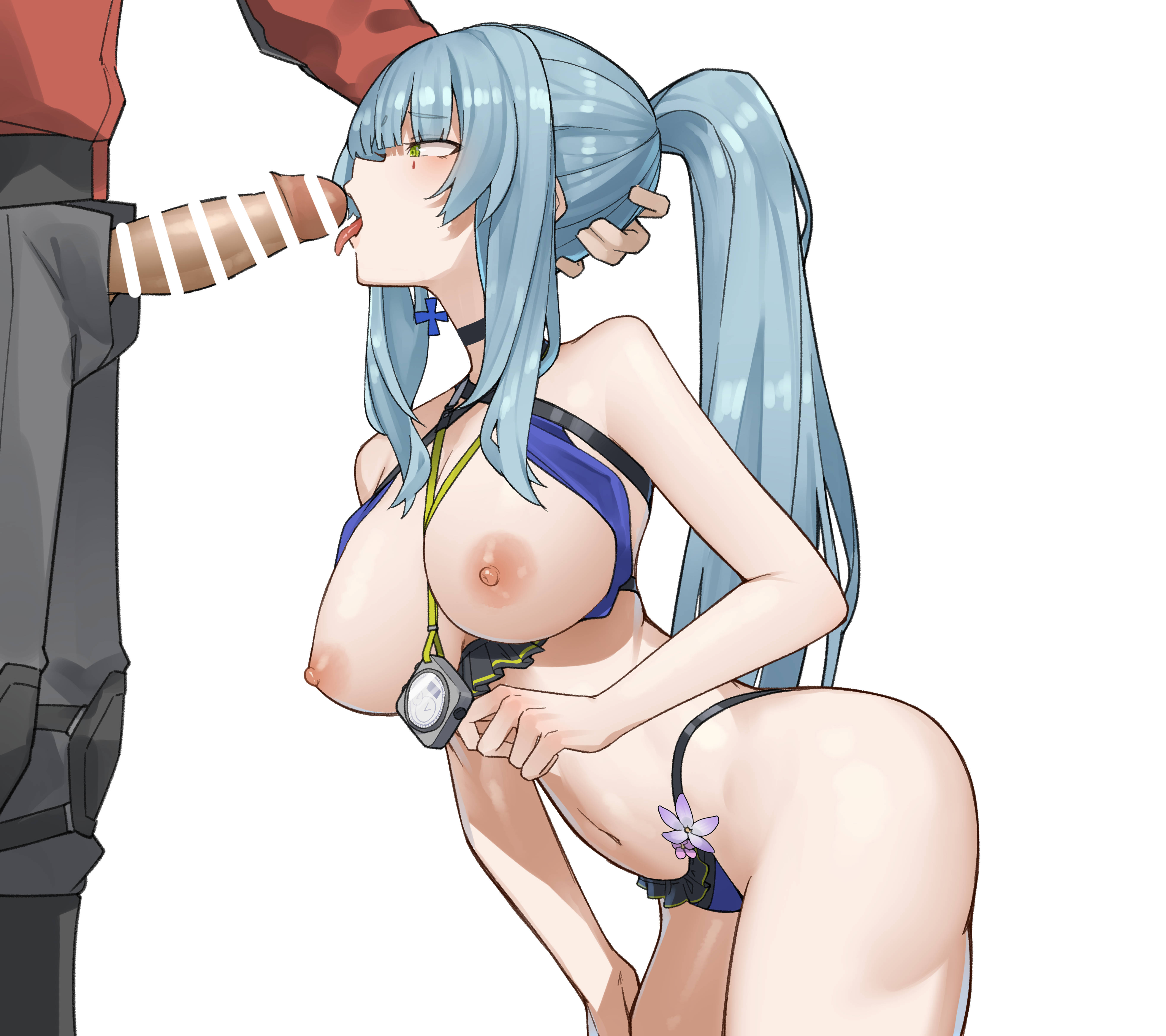 1boy, 1girls, alternate version at source, alternate version available, ass, bar censor, big breasts, bikini, bikini bottom, bikini top, bikini top aside, blush, breasts, breasts out, censor bar, censored, commander (girls' frontline), feet out of frame, female, girls' frontline, girls' frontline 2: exilium, green eyes, grey hair, hand on head, hk416 (girls' frontline), imminent fellatio, imminent oral, klukai (cerulean breaker) (girls' frontline 2), klukai (girls' frontline 2), large breasts, light skin, light-skinned female, light-skinned male, long hair, looking at penis, male, navel, nipples, open mouth, paid reward available, penis, penis out, ponytail, ringobatake, side view, tongue, tongue out