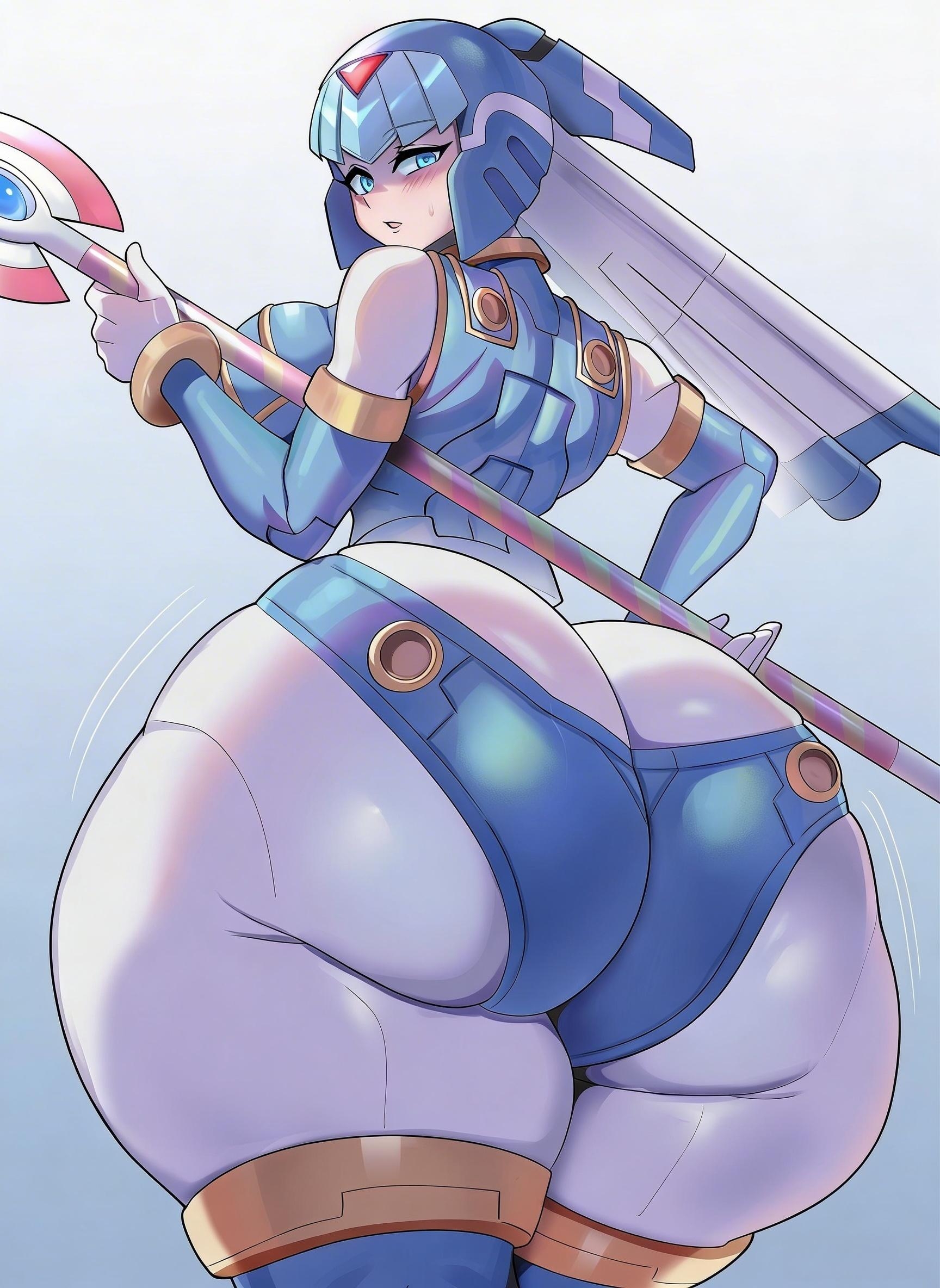 1girls, ai assisted, ass, ass focus, behind view, big ass, big breasts, blue eyes, blush, bottom heavy, breasts, busty, clothed, curvaceous, curvy, curvy figure, fairy leviathan, fat ass, female, female only, gluteal fold, headgear, jerkoff visual assistance, light skin, light-skinned female, looking at viewer, looking back, mega man, mega man zero, plump, plump ass, plump thighs, rear view, small waist, solo, solo female, staff, thick ass, thick thighs, tight clothing, voluptuous, voluptuous body, voluptuous female, wide hips, ytrall