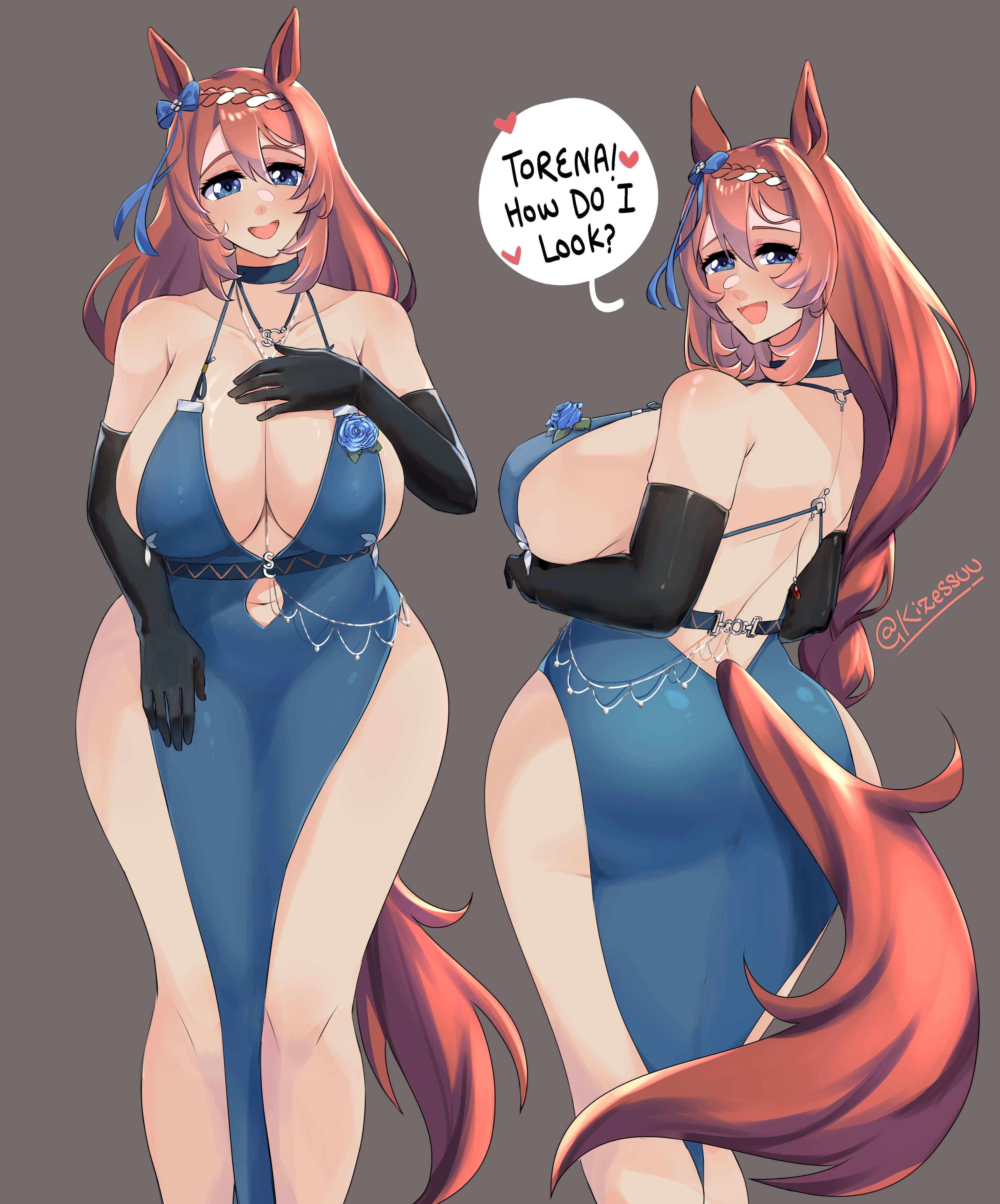 absurdres, animal ears, black gloves, blue choker, blue dress, blue eyes, bow, braid, breasts, brown hair, choker, cleavage, cosplay, dp-12 (girls' frontline), dp-12 (girls' frontline) (cosplay), dress, ear bow, elbow gloves, evening gown, girls' frontline, girls' frontline 2: exilium, gloves, halterneck, helen (girls' frontline 2), helen (starlit waltz) (girls' frontline 2), highres, horse ears, horse girl, horse tail, huge breasts, jewelry, kizessuu, kizuchu, long hair, multicolored hair, streaked hair, super creek (umamusume), tail, umamusume, very long hair, white hair