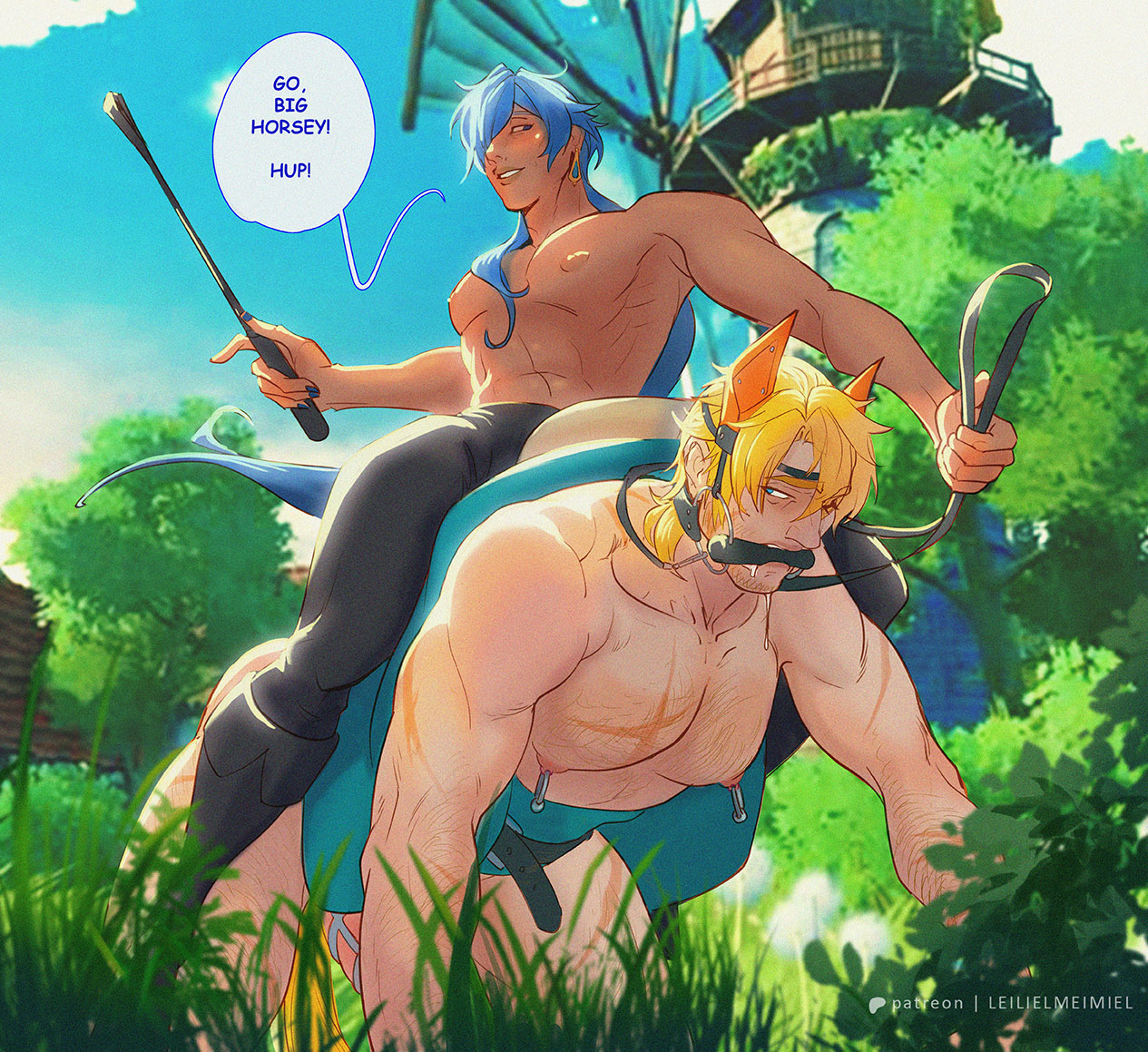 2boys, costume, dominant male, domination, gay, genshin impact, heel boots, heels, horse costume, kaeya (genshin impact), leilielmeimiel, male, male only, outside, petplay, pierced nipples, piercing, pony boy, pony play, riding, slap, submissive male, varka (genshin impact), yaoi