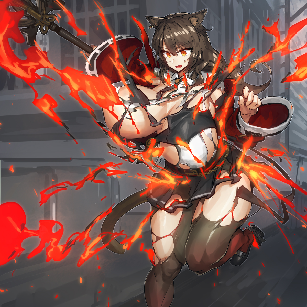 arknights, big breasts, breasts, brown fur, brown hair, cat ears, cat girl, cat tail, catgirl, convenient censoring, female, fire, huge breasts, leggings, melon22, orange eyes, ripped clothing, ripped pantyhose, skirt, skyfire (arknights), staff, surprised, sweatdrop