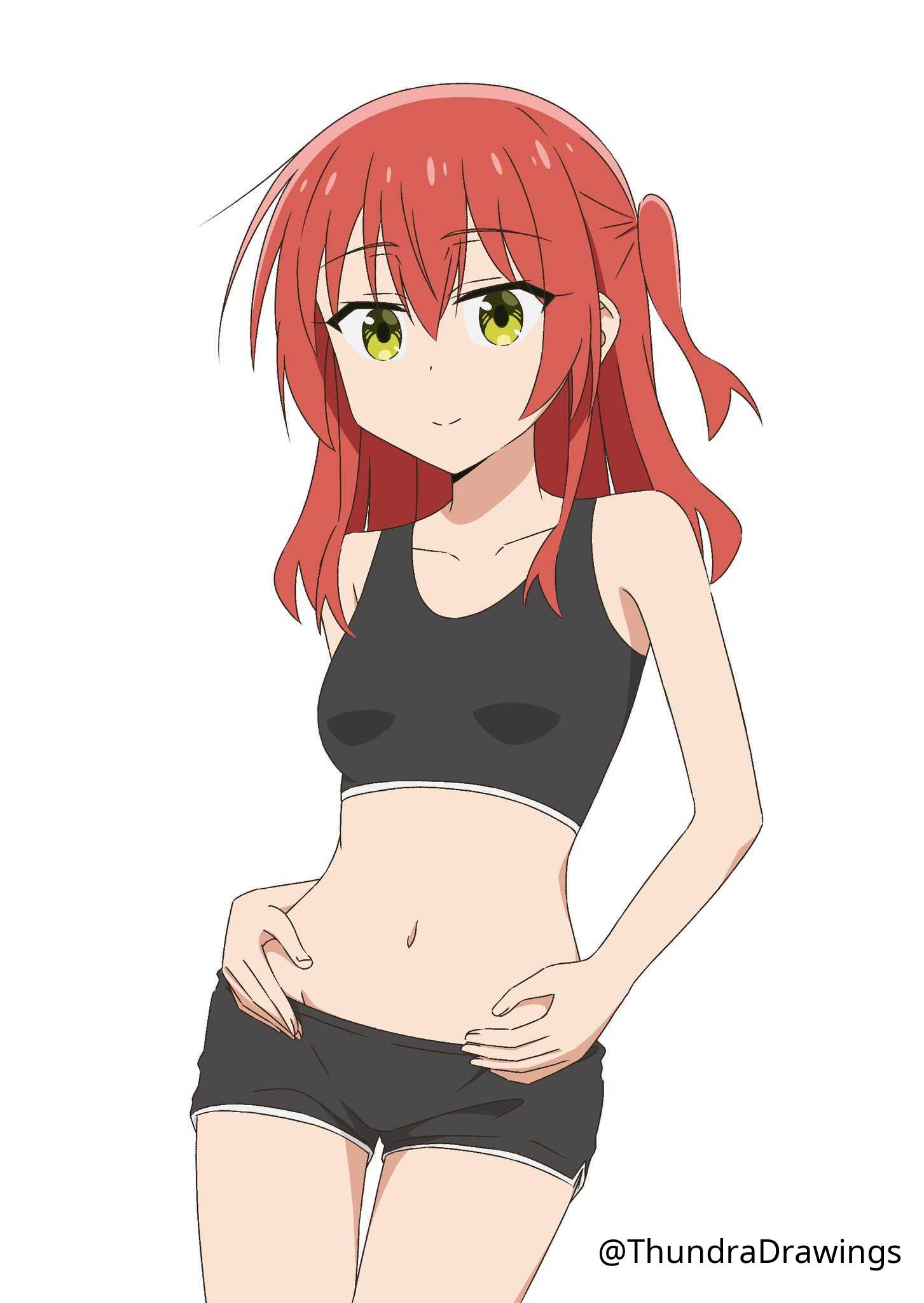 1girls, 2d, 2d (artwork), 2d artwork, belly, belly button, black bra, black shorts, black underwear, bocchi the rock!, bra, breasts, collarbone, curvaceous, curvaceous body, curvaceous female, curvaceous figure, curvaceous hips, curvaceous teenager, curvy, curvy body, curvy female, curvy figure, curvy hips, curvy teen, digital, digital art, digital drawing, digital drawing (artwork), digital media, digital media (artwork), drawing, elbows, eyebrows visible through hair, female, female focus, female only, fingernails, fingers, green eyes, green-eyed female, groin, hair between eyes, hand on hip, hand on own hip, hand on own waist, hand on waist, hands on hips, hands on own hips, hands on own waist, hands on waist, head tilt, high resolution, high school student, highres, inguinal crease, inguinal ligament, kita ikuyo, lean figure, long hair, looking at viewer, midriff, narrow waist, navel, one side up, petite, petite body, petite breasts, petite female, petite girl, petite tits, red hair, red-haired female, school girl, shorts, shoulders, simple background, slender body, slender waist, slim female, slim waist, small breast, small breasts, smile, smiley face, smiling, smiling at viewer, solo, sports bra, sports shorts, standing, teen girl, teenage girl, teenager, thigh gap, thighs, thundradrawings, tilted head, tiny breasts, underwear, upper body, white background, wide hips, young female, young woman