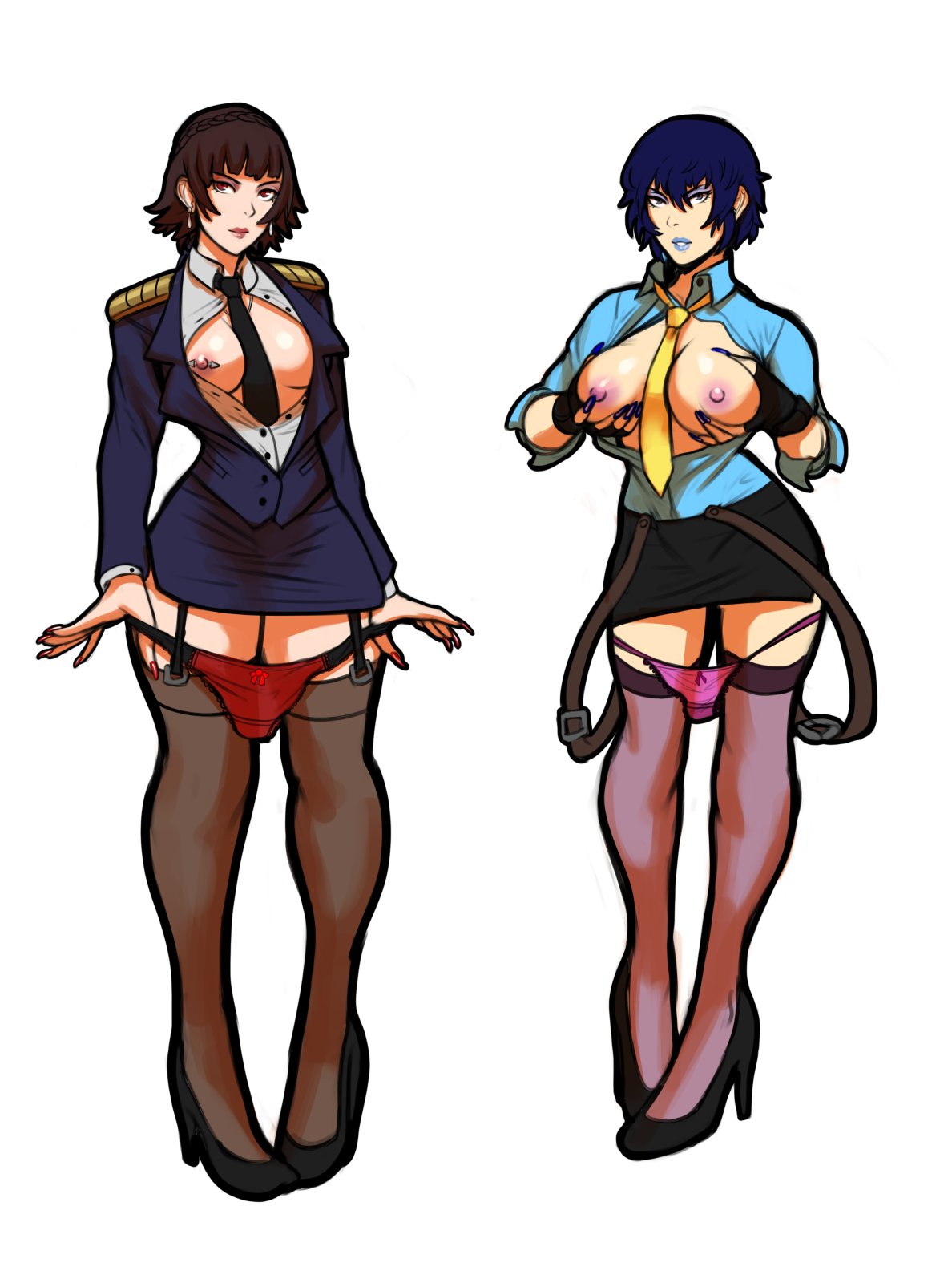 2girls atlus blue_hair breasts breasts_out brown_hair garter_straps heels high_heels lipstick makoto_niijima multiple_girls necktie necktie_between_breasts panties panties_down persona persona_4 persona_5 rhydwyn shirogane_naoto short_hair