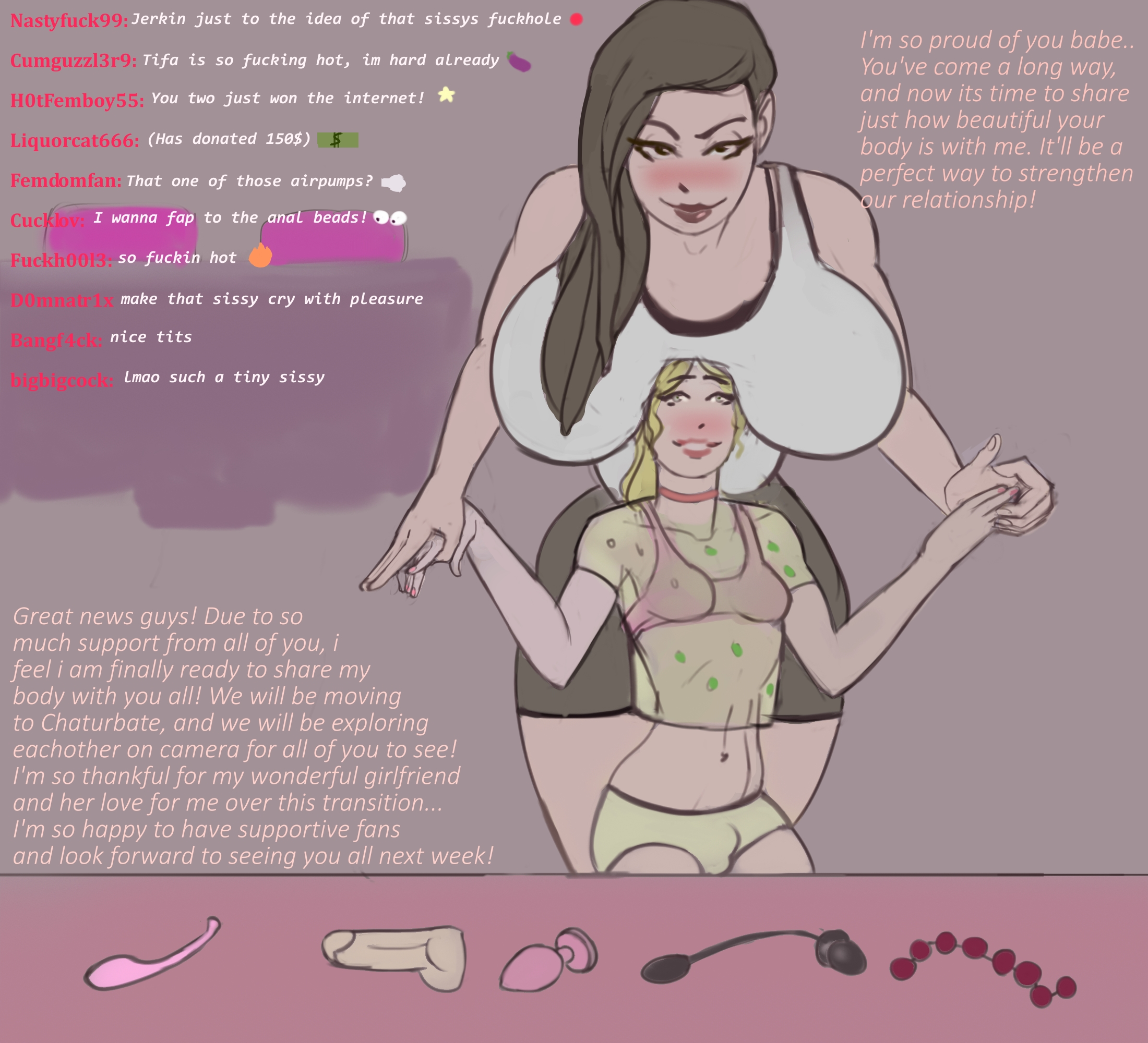 1girls, bimbo, bimbofication, breasts, bulge, cloud strife, comic page, crossdressing, english text, female, final fantasy, large breasts, lovelysquishythings, male, sissification, sissy, text, tifa lockhart, trans