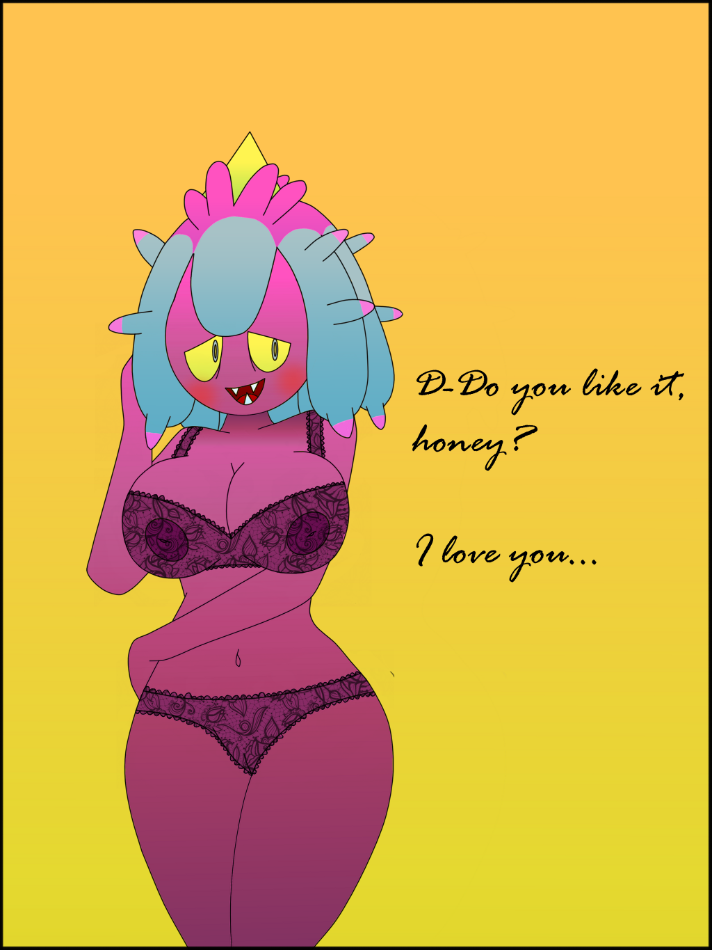 anthro blush camel_toe clothing dialogue english_text female hi_res inverted_nipples lace_bra lace_panties lingerie mareanie nintendo nipples pokémon_(species) pokemon sharp_teeth smile teeth text translucent translucent_clothing video_games wife