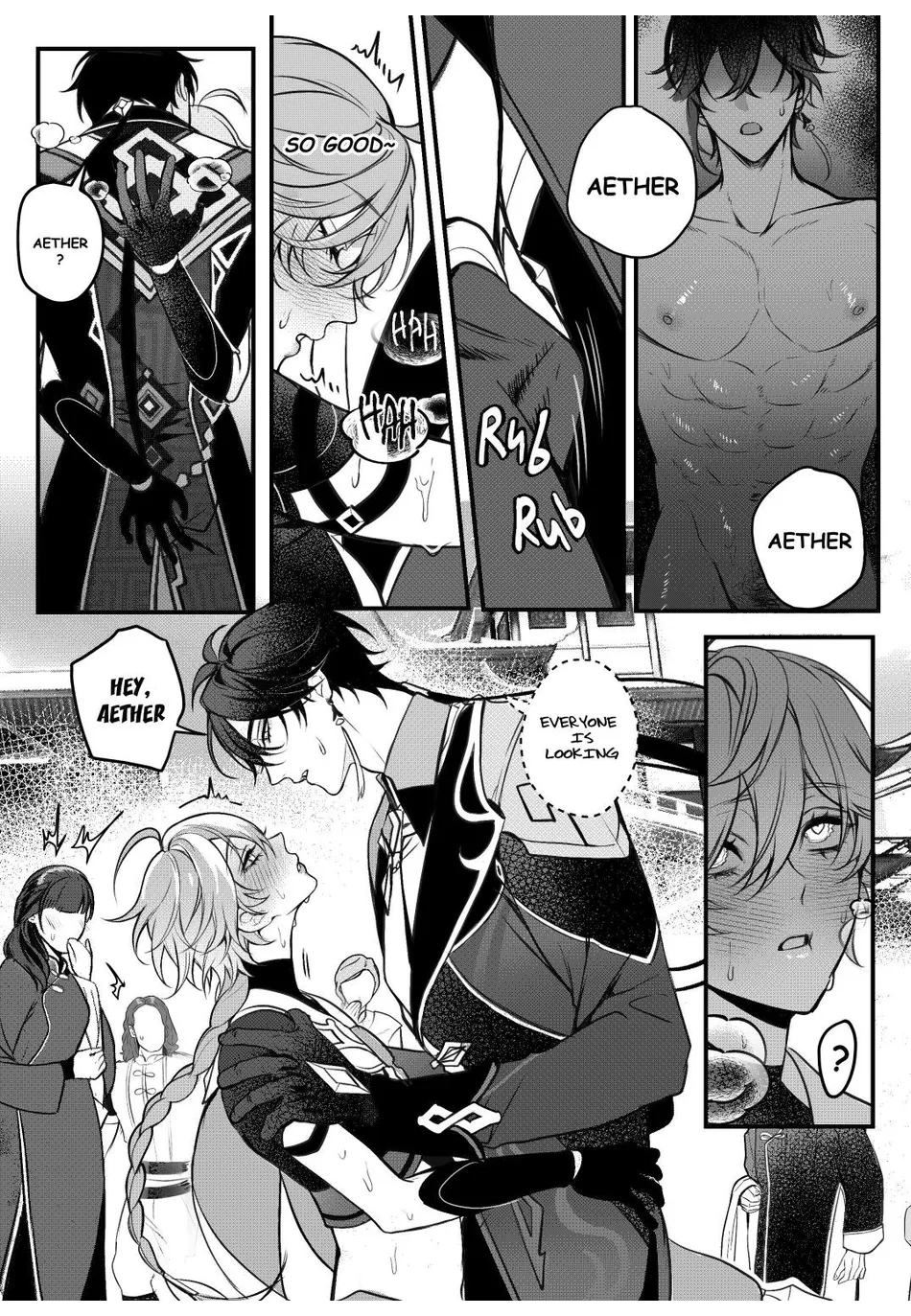 2boys aether_(genshin_impact) blushed_face confused cute_boy cute_face cute_male dominant dominant_male doujinshi english_text gay genshin_impact hard_on looking looking_up male mindbreak muscles pcrow people_in_background size_difference submissive submissive_male yaoi yaoi_story zhongli_(genshin_impact)