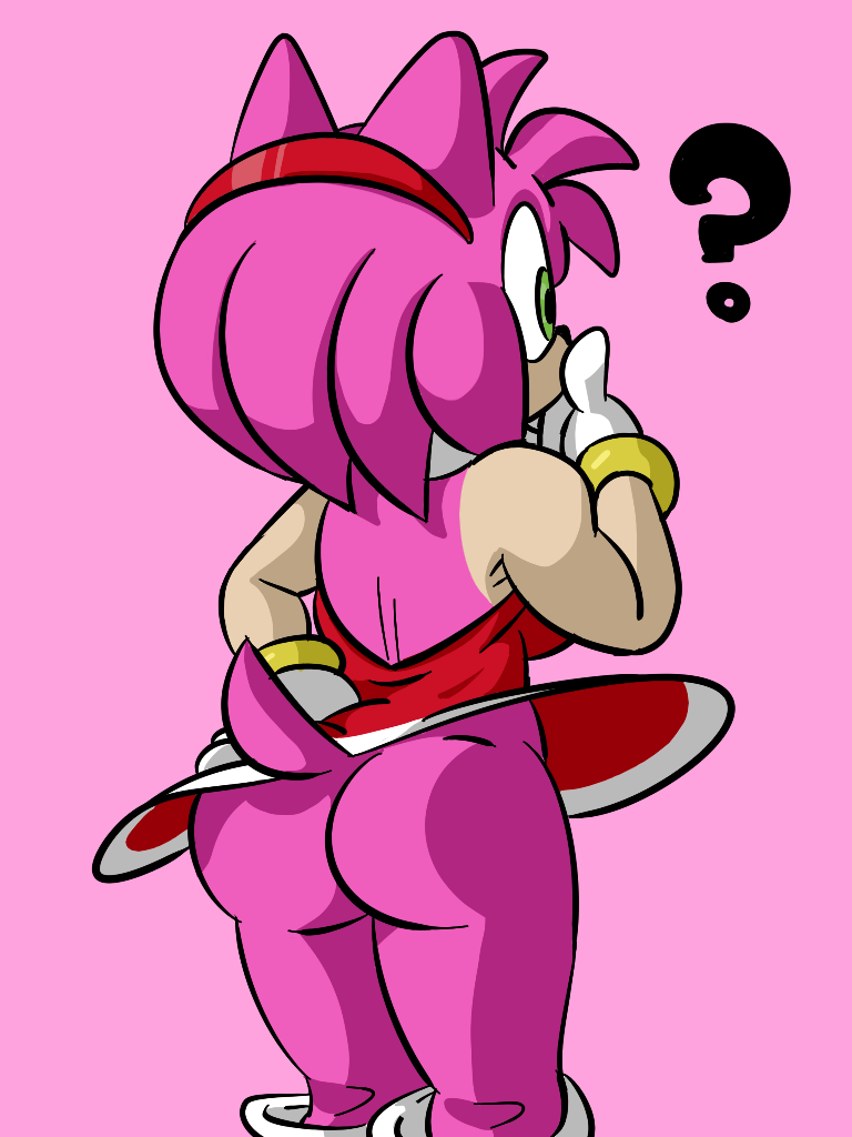 amy_rose anthro ass bottomless dress furry gloves green_eyes hairband hedgehog no_panties pink_hair question_mark simple_background solo sonic_(series) tail toni_oni