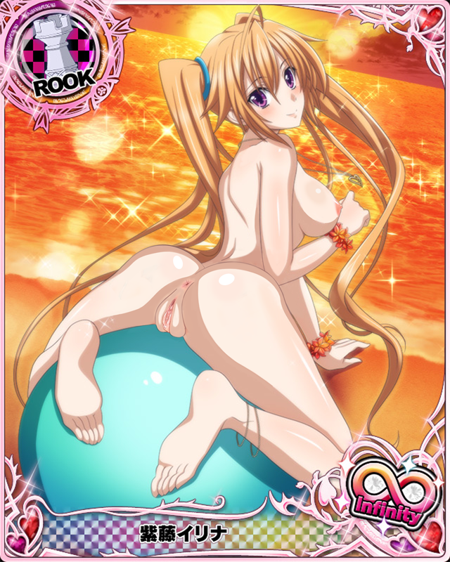 1girls arm_support ass beach breasts completely_nude exercise_ball female full_body high_school_dxd looking_back nude on_ball sand sea shidou_irina sky spread_legs sunset twintails vagina water