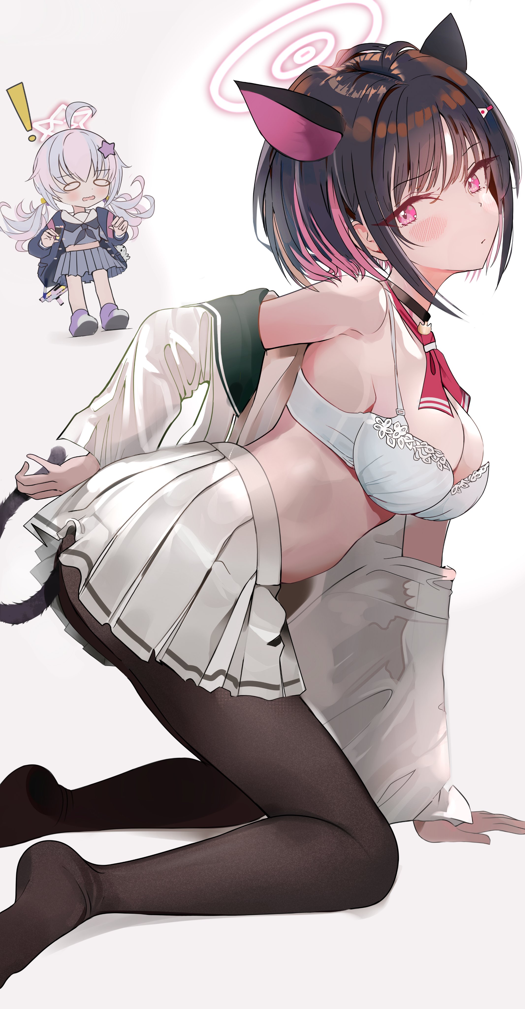!, 2girls, absurdres, ahoge, all fours, animal ears, arm behind back, arm support, bare shoulders, beads, black choker, black hair, black pantyhose, blue archive, blue hair, bra, breasts, cat ears, cat tail, choker, cleavage, closed mouth, colored inner hair, commentary request, female, from side, gun, hair beads, hair ornament, hair scrunchie, hairclip, halo, highres, holding own tail, kazusa (blue archive), legs, light blue hair, looking at viewer, low twintails, medium breasts, multi ear, multicolored hair, multiple females, multiple girls, neckerchief, no shoes, off shoulder, open clothes, open shirt, pantyhose, pink eyes, pink hair, pink halo, pjkka, pleated skirt, red neckerchief, reisa (blue archive), scrunchie, shirt, short hair, shotgun, sidelocks, simple background, skirt, solo focus, standard manufacturing dp-12, star (symbol), star hair ornament, streaked hair, tail, thighs, twintails, two-tone hair, underwear, weapon, white background, white bra, white shirt, white skirt
