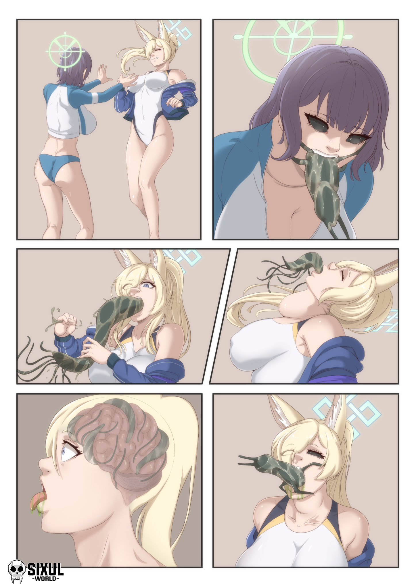 2girls, alien, blonde hair, body invasion, brain, brain fuck, breasts, cat girl, catgirl, closed eyes, clothed sex, clothing, comic, corruption, female, green tentacles, legs together, leotard, long hair, open mouth, oral, oral invasion, oral possession, parasite, penetration, possession, rape, shirt, short hair, sixul world, tentacle, tentacle grab, throat bulge, tongue, tongue out, wide eyed, wide hips, x-ray