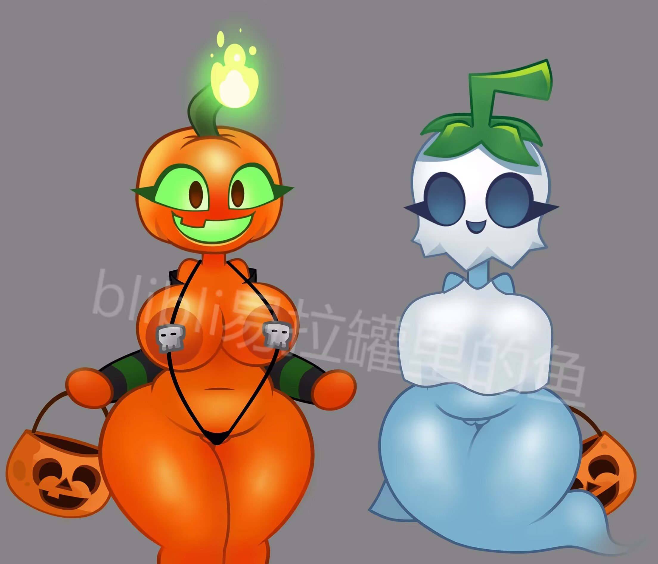 1girls, anthro, anthrofied, ass, breasts, cute, female, flora fauna, ghost, ghost girl, ghost pepper (pvz), jack o' lantern (pvz), ks xf, plant, plant girl, plant humanoid, plantie, plants vs zombies, plants vs. zombies, popcap games, pumpkin, pussy, 易拉罐里的鱼