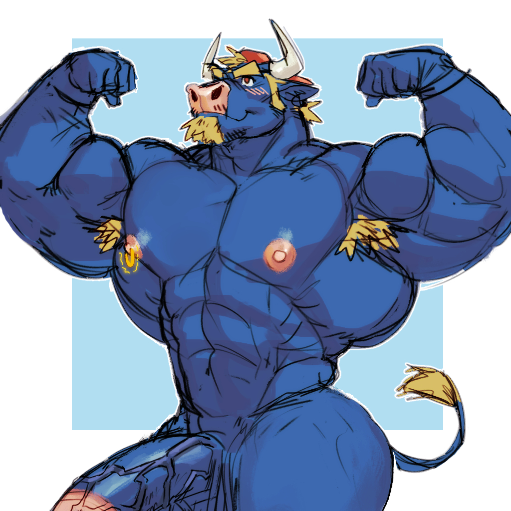 1:1 anthro backwards_hat barazoku big_muscles bovid bovine cattle circumcised clothing flexing genitals hat headgear headwear horn huge_muscles hyper hyper_muscles male mammal muscular muscular_anthro muscular_male nipple_piercing nipples nude pecs penis piercing smile solo tail tora_gy