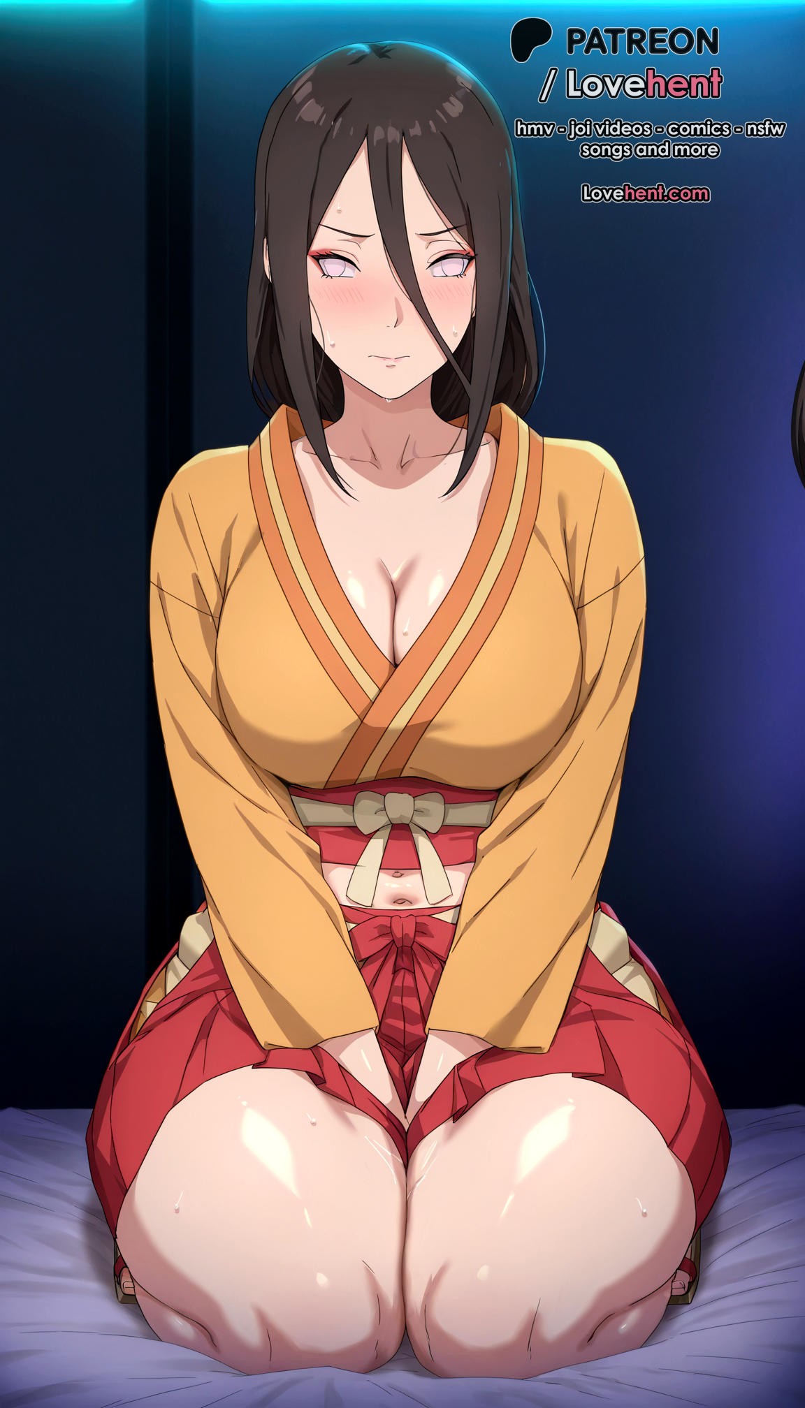 1girls, ai generated, between legs, black hair, blush, boruto: naruto next generations, breasts, brown hair, cleavage, closed mouth, collarbone, female, hair between eyes, hakama, hand between legs, hyuuga hanabi, indoors, japanese clothes, kimono, large breasts, long hair, long sleeves, looking at viewer, lovehent, makeup, naruto, naruto (series), navel, purple eyes, red hakama, red skirt, seiza, sitting, skirt, solo, sweat, sweatdrop, thick thighs, thighs, white eyes