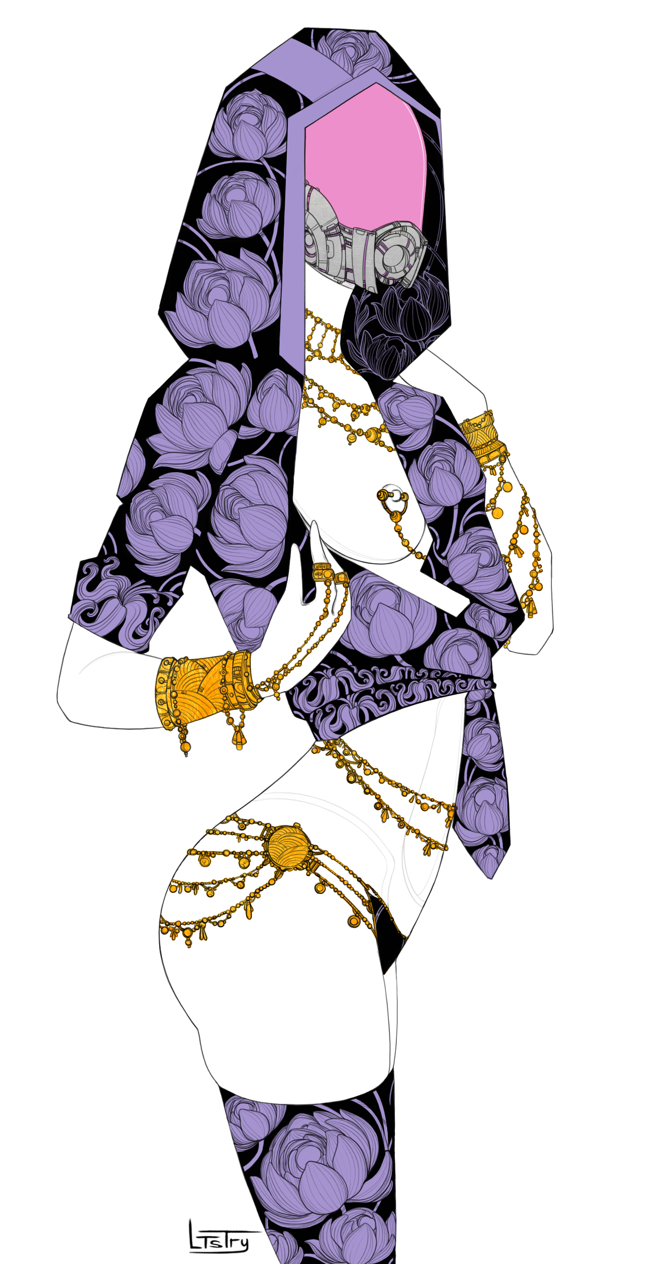 1girls, 3 fingers, alien, alien girl, bioware, breasts, east asian clothing, female, female focus, female only, jewelry, ltstry, mass effect, nipple piercing, nipples, panties, piercing, quarian, side view, sideboob, solo, stockings, tali'zorah nar rayya, thin waist