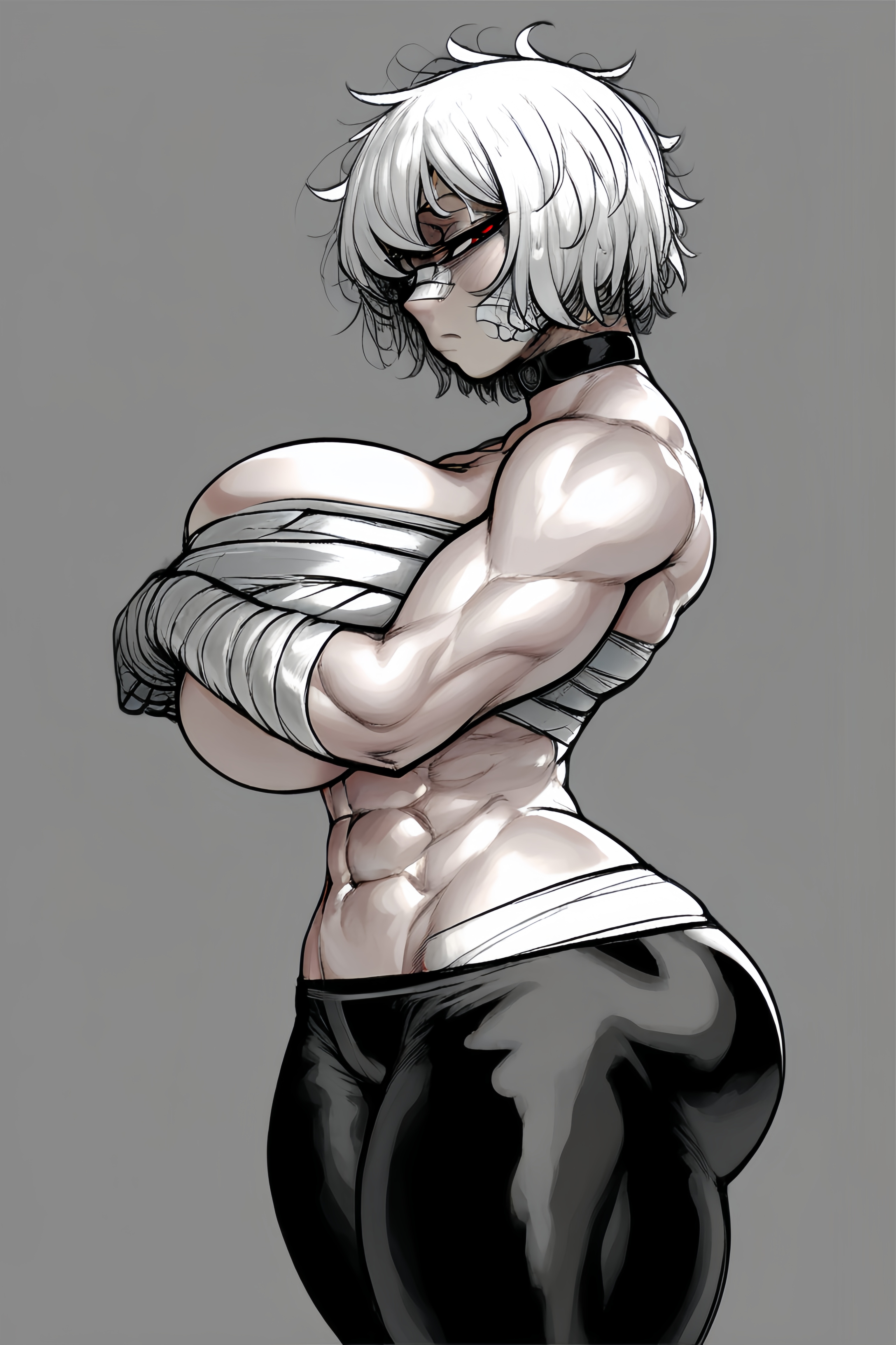 1girls, abs, ai generated, artist request, ass, bandaged arm, bandaged breasts, black pants, breasts, choker, defined muscles, disinterested, female, female only, heavy breasts, hips, huge breasts, large breasts, messy hair, muscles, oc, original, original character, red eyes, short hair, side view, simple background, soft breasts, thick ass, thick thighs, tomboy, white hair, wide hips