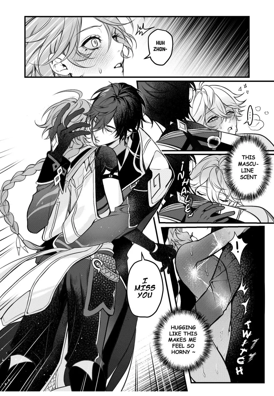 2boys aether_(genshin_impact) ass blushed_face cute_boy cute_face cute_male dominant dominant_male doujinshi english_text erotic_face gay genshin_impact grabbing_from_front head_grab hug male male_only masculine_scent only_male pcrow size_difference submissive submissive_male suprised suprised_look waist_grab white_background yaoi yaoi_story zhongli_(genshin_impact)