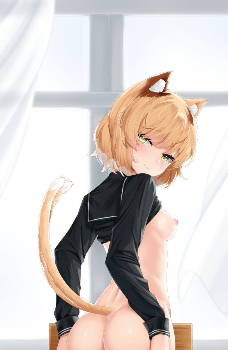 2_tails arknights ass ass_grab blonde_hair cat_ears cat_tail catgirl green_eyes kd mousse_(arknights) multi_tail perky_breasts school_uniform smile