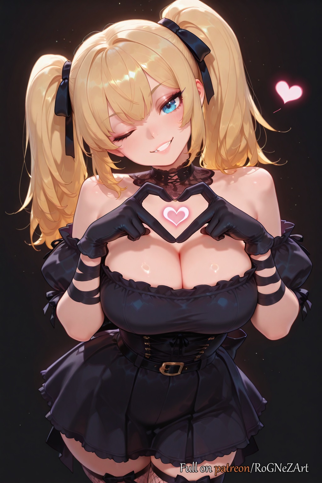 2025, ai generated, ani (twitter), ani (xai), anime, bangs, bare shoulders, belt, black background, black dress, black gloves, black ribbon, blonde hair, blue eyes, blush, breasts, cleavage, crossover, detached collar, detached sleeves, dress, eye contact, female, female focus, female only, fishnet thighhighs, fishnets, flushed, gloves, grin, grok, hair ribbon, handwear, heart, heart hands, highres, huge breasts, large breasts, long hair, looking at viewer, one eye closed, parted lips, patreon, ribbon, rognezart, short dress, smile, smiling, solo, strapless, thighhighs, twintails, twitter, very long hair