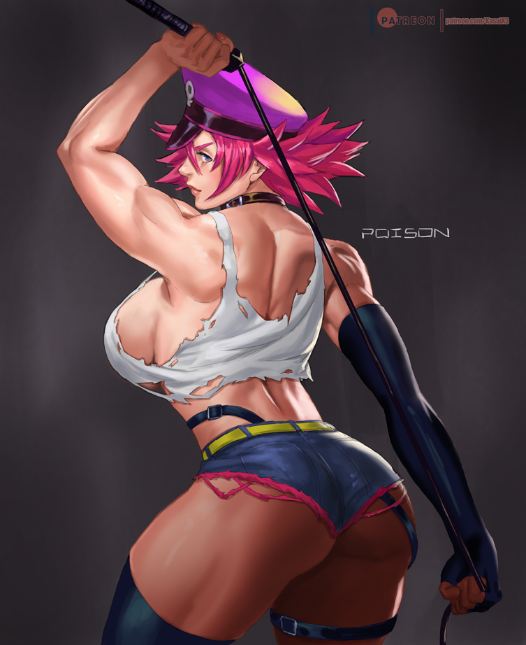 1girls armpits ass black_choker black_gloves black_legwear blue_eyes blue_shorts breasts capcom choker crop_top crop_top_overhang cutoffs denim denim_shorts earrings elbow_gloves female female_only final_fight gloves hat holding holding_whip jewelry kasai_x3 large_breasts lejeanx3 lips lowleg lowleg_shorts medium_hair muscle muscular_female navel no_bra peaked_cap piercing pink_hair poison_(final_fight) short_shorts shorts sideboob single_elbow_glove single_garter single_thighhigh solo standing street_fighter street_fighter_v stud_earrings thighhighs whip