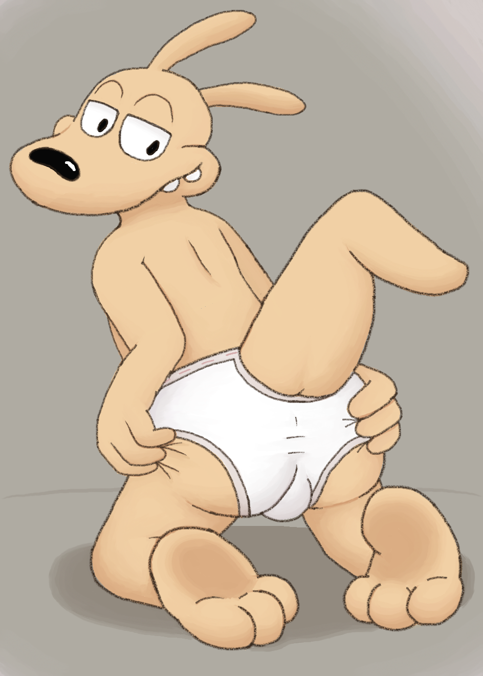 anthro ass barefoot black_nose briefs briefs_only bulge clothed clothing feet fur gramy gray_seam_briefs half-closed_eyes hand_on_butt hi_res macropod male mammal marsupial narrowed_eyes nickelodeon presenting presenting_hindquarters rocko's_modern_life rocko_rama smile solo tan_body tan_fur teeth_showing tighty_whities topless underwear underwear_only wallaby white_briefs white_clothing white_underwear