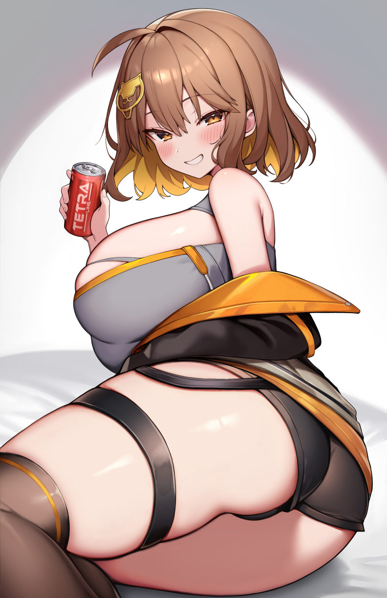 1girls, anis (nikke), ass, ass focus, blush, breasts, brown eyes, brown hair, female, goddess of victory: nikke, huge ass, huge breasts, kaptivate, light skin, light-skinned female, short hair, short shorts, shorts, skindentation, smile, thick thighs, thigh strap