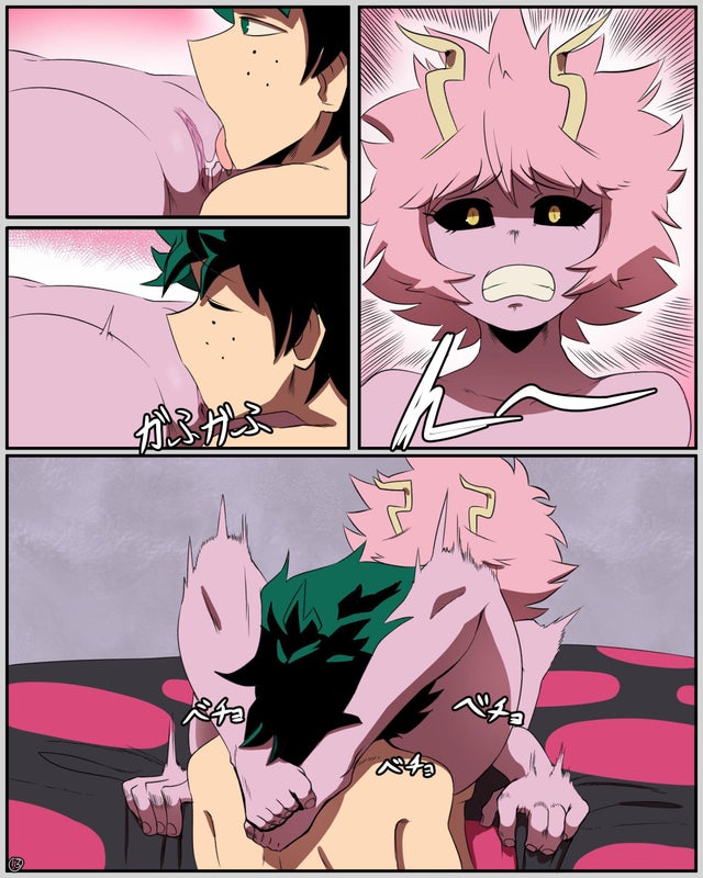 1boy, 1girls, afro, bare shoulders, barefoot, bed, bedroom, between legs, black sclera, bottomless, clenched teeth, closed eyes, comic, cunnilingus, curled toes, female, female orgasm, freckles, fringe, green eyes, green hair, green-haired male, hairless pussy, headlock, horns, izuku midoriya, japanese text, kneeling, leaning back, leg lock, leg wrap, licking pussy, light skin, light-skinned male, looking pleasured, male, medium hair, messy hair, mina ashido, my hero academia, no bra, no panties, nude, on back, oral, orgasm face, page 13, petite, pink hair, pink skin, pink-haired female, pleasure face, pussy, pussy juice, pussy juice drip, pussy juice string, pussy licking, schoolgirl, shaved pussy, sheet grab, short hair, spread legs, thehumancopier, toe curl, toe scrunch, toes, tongue, topless, trembling, uncensored, wet pussy, white skin, yellow eyes