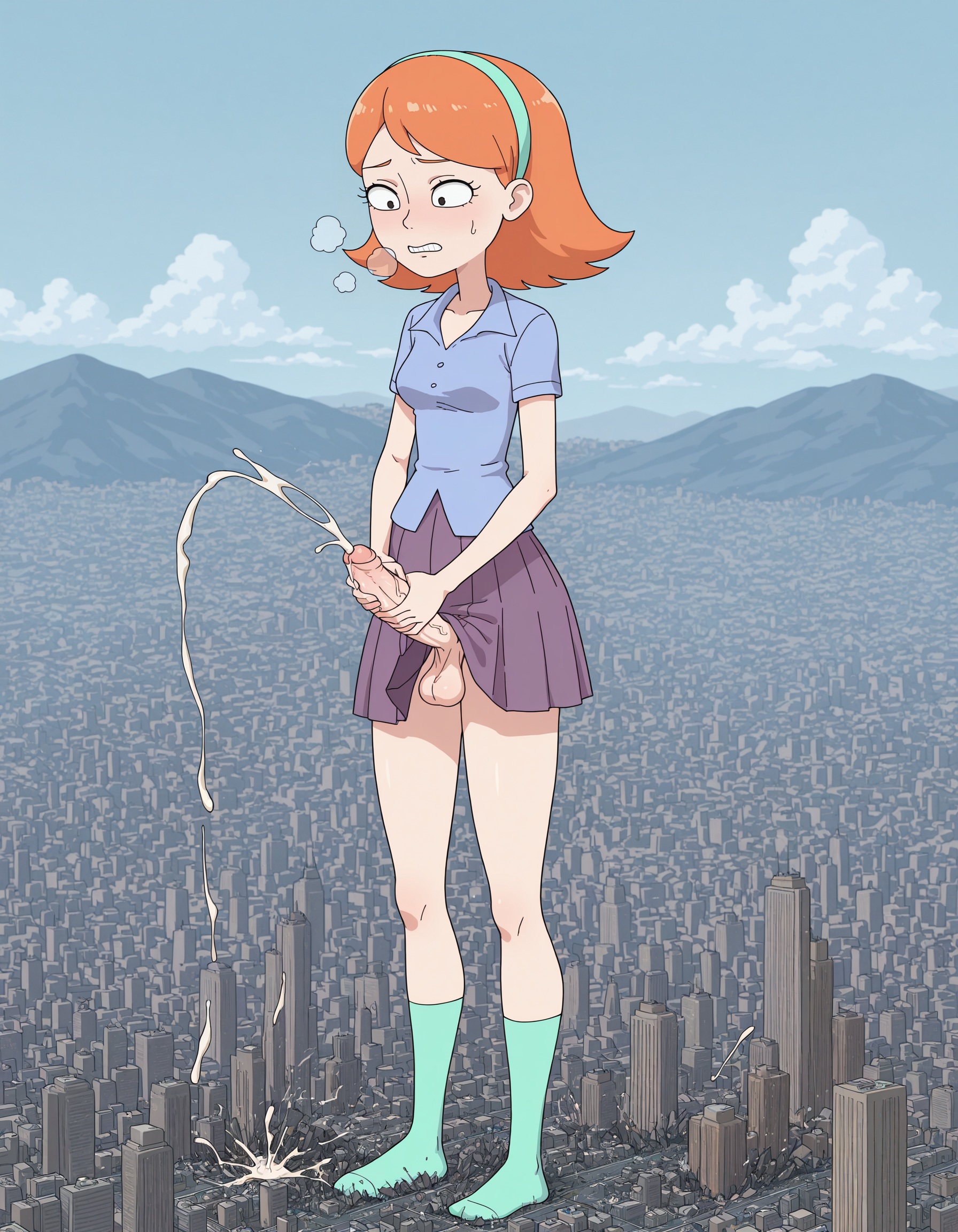 1futa, ai generated, city destruction, cumming the city, cumshot, dick out, futanari, giant futa, giantess, intersex, jessica (rick and morty), masturbation, pale in comparison, penis, projectile cum, rick and morty, rower