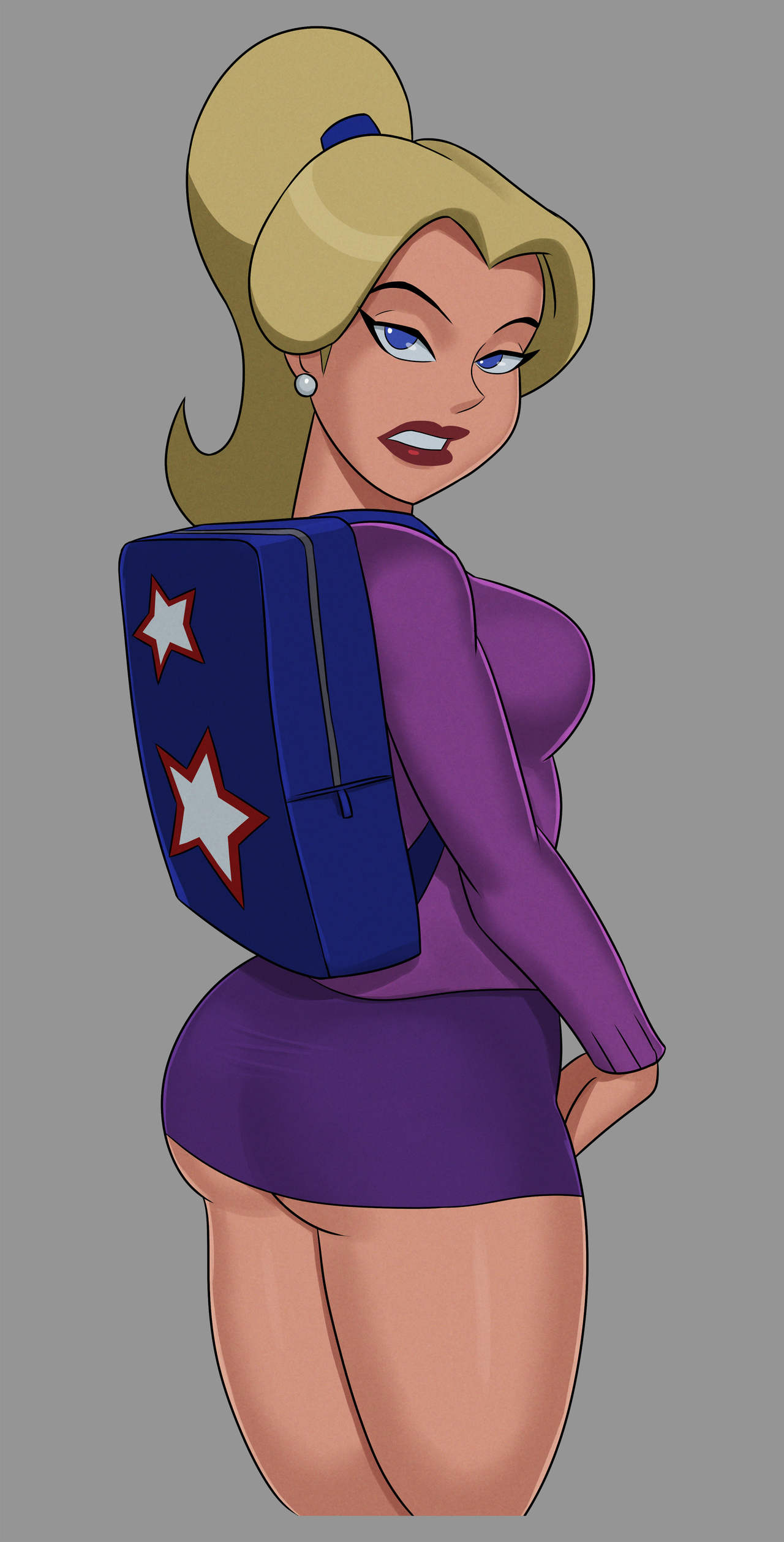 1girls ass backpack big_ass blonde_hair blue_eyes breasts clothed clothing courtney_whitmore dat_ass dc dc_comics dcau earrings female female_focus female_only fully_clothed justice_league_unlimited justice_society_of_america pink_topwear ponytail purple_skirt red_lipstick short_skirt sideboob solo something_unlimited stargirl stargirl_(dcau) sunsetriders7 yellow_hair