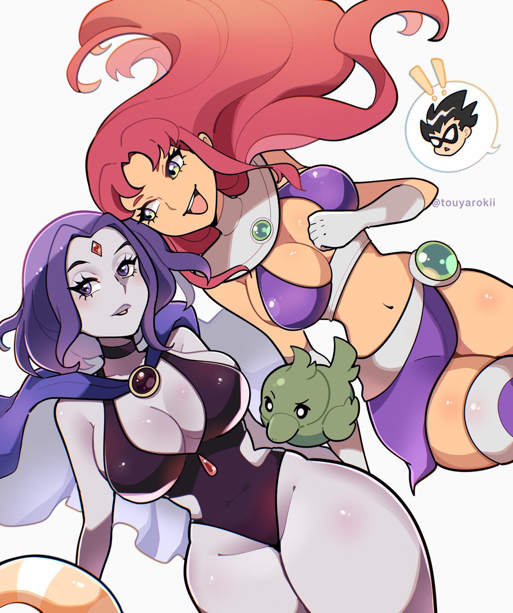 2boys, 2girls, alien girl, beast boy, belly button, big breasts, breasts, choker, cleavage, collarbone, dc, dc comics, female, female focus, green eyes, grey body, grey skin, grey-skinned female, long hair, looking at another, looking at viewer, midriff, offscreen character, open mouth, orange body, orange skin, orange-skinned female, pool toy, purple eyes, purple hair, purple-haired female, raven (dc), red hair, red-haired female, robin (dc), short hair, smile, starfire, swimsuit, teen titans, thick thighs, thighhighs, thighs, touyarokii
