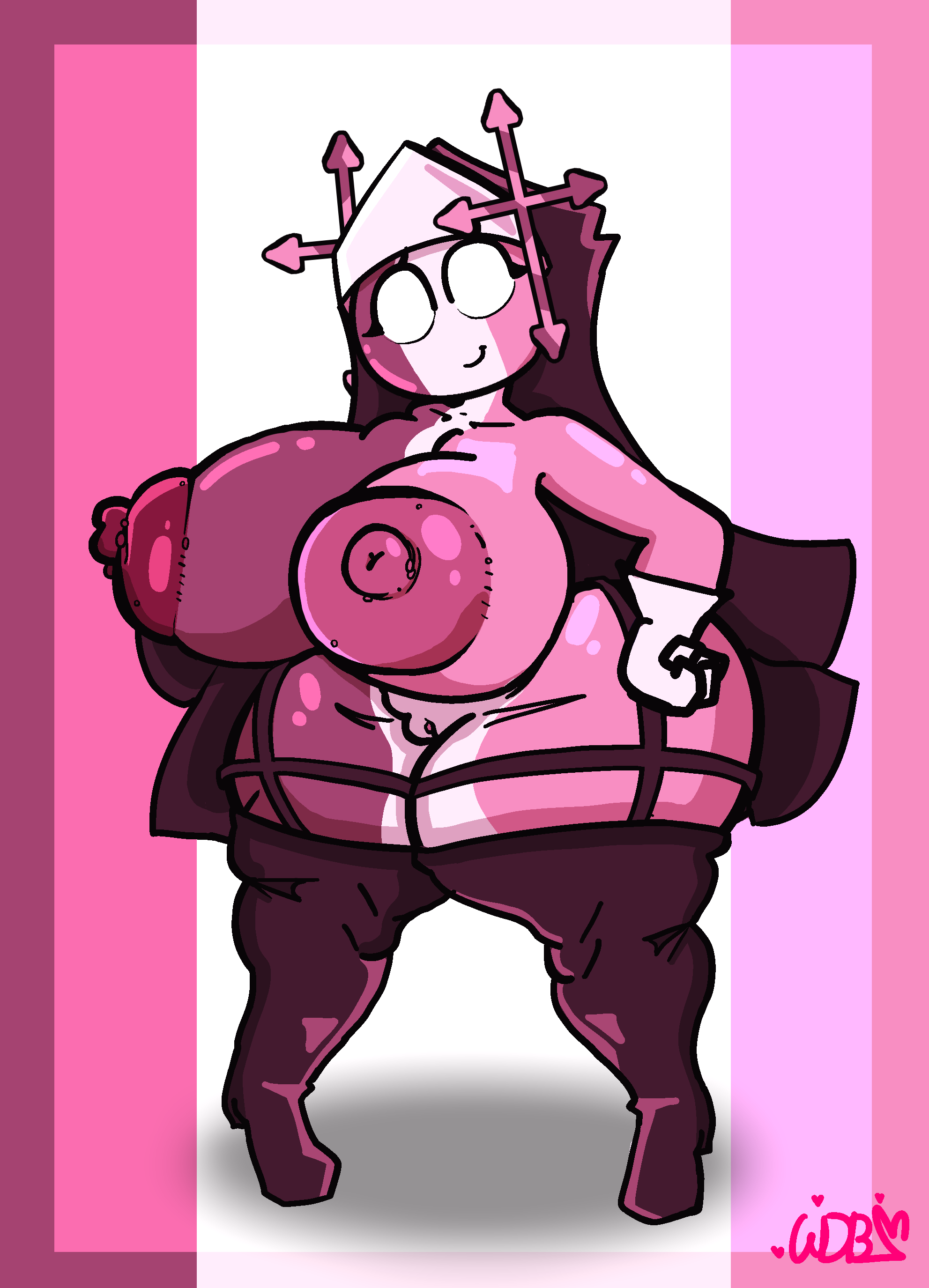 artist request, big ass, big breasts, big nipples, breasts bigger than head, fat ass, friday night funkin, friday night funkin mod, hourglass figure, hourglass figured female, huge breasts, large breasts, long socks, mid fight masses, mid-fight masses, nun, nun hat, pink body, sarvente (dokki.doodlez), smile, smile at viewer, thick thighs, thighhighs, thighs, wdbittle, white eyes