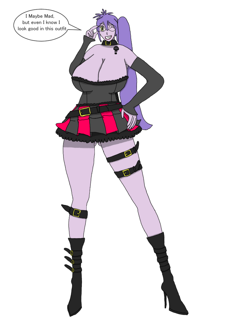 2021 bare_shoulders belt boots breasts child_bearing_hips choker cleavage cosplay detached_sleeves female gatchaman gatchaman_crowds glasses green_eyes high_heel_boots high_heels huge_breasts lipstick madam_mim multicolored_skirt ninomiya_rui ninomiya_rui_(cosplay) purple_skin side_ponytail skirt tattoo the_sword_in_the_stone thick_thighs thigh_belt twilight_jester wink