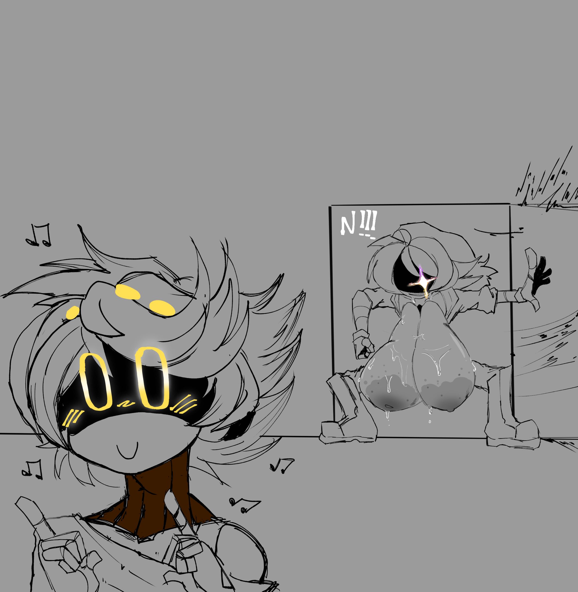 1boy, 1girls, 2d, breasts, breasts bigger than head, breasts bigger than torso, dialogue, female, huge breasts, humanoid, humanoid female, humanoid male, hyper, hyper breasts, imminent sex, male, murder drones, n (murder drones), robot, robot boy, robot girl, robot humanoid, sagging breasts, screen face, u nkno3ngrounds, uzi (murder drones)