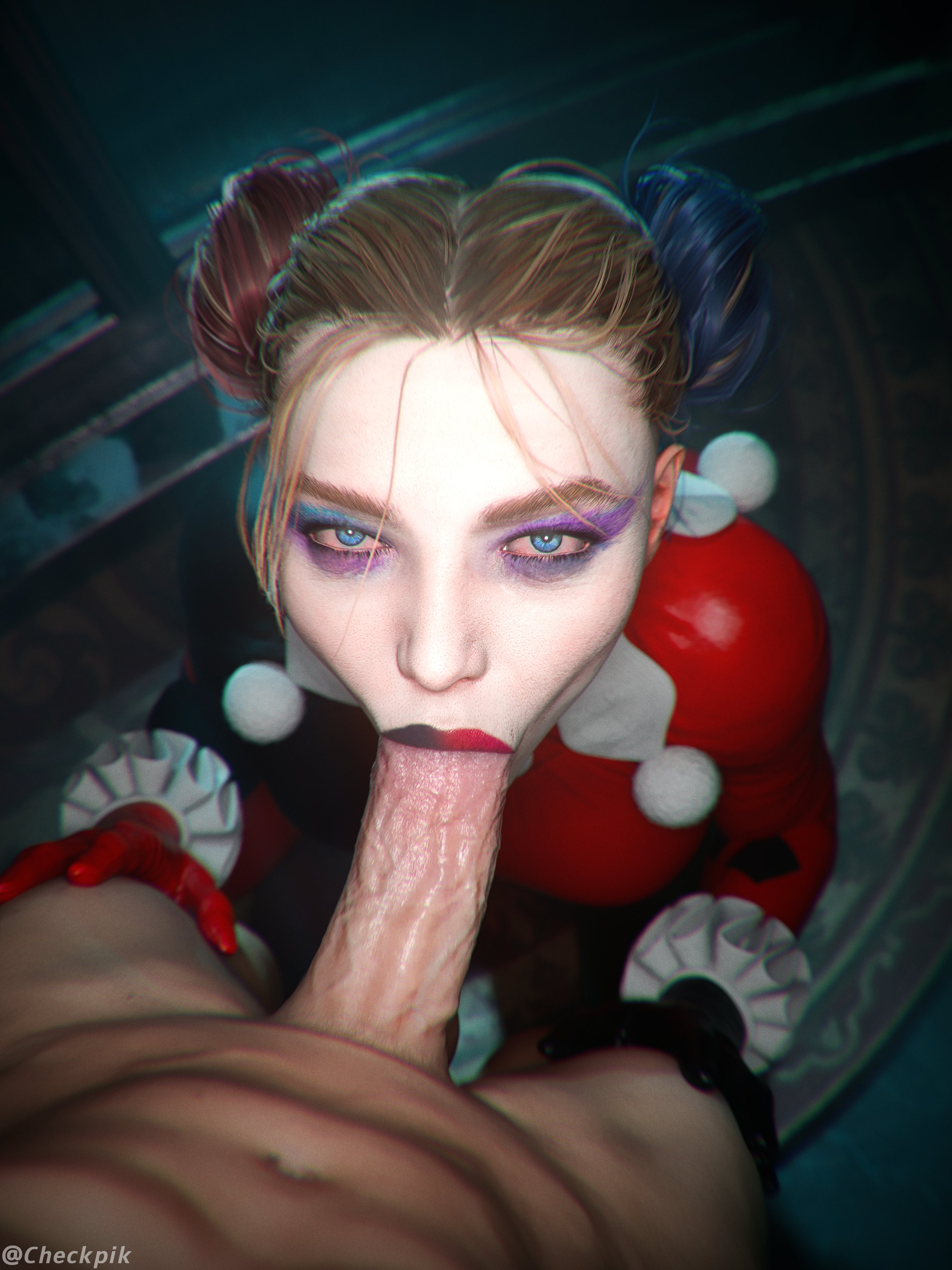 :>=, 1boy, 1girls, 2025, 3d, abs, batman (series), blowjob, blowjob face, blue eyes, cfnm, checkpik, clothed, clothed female, clothed female nude male, clown collar, completely nude, crouching, crouching female, dc, dc comics, duo, dyed hair, fellatio, female, female focus, female penetrated, frilled gloves, full body suit, full color, full face blush, fully clothed, gloves, hand on partner's thigh, hands-free blowjob, harley quinn, harley quinn (classic), harley quinn (suicide squad game), higher resolution duplicate, looking up, looking up at viewer, male, male/female, multicolored hair, nude, nude male, only one naked, oral, oral penetration, oral sex, ox horns, pov, pov blowjob, pov eye contact, straight, suicide squad, suicide squad: kill the justice league, sunken cheeks, three-tone hair, tied hair, two-tone bodysuit, two-tone lipstick