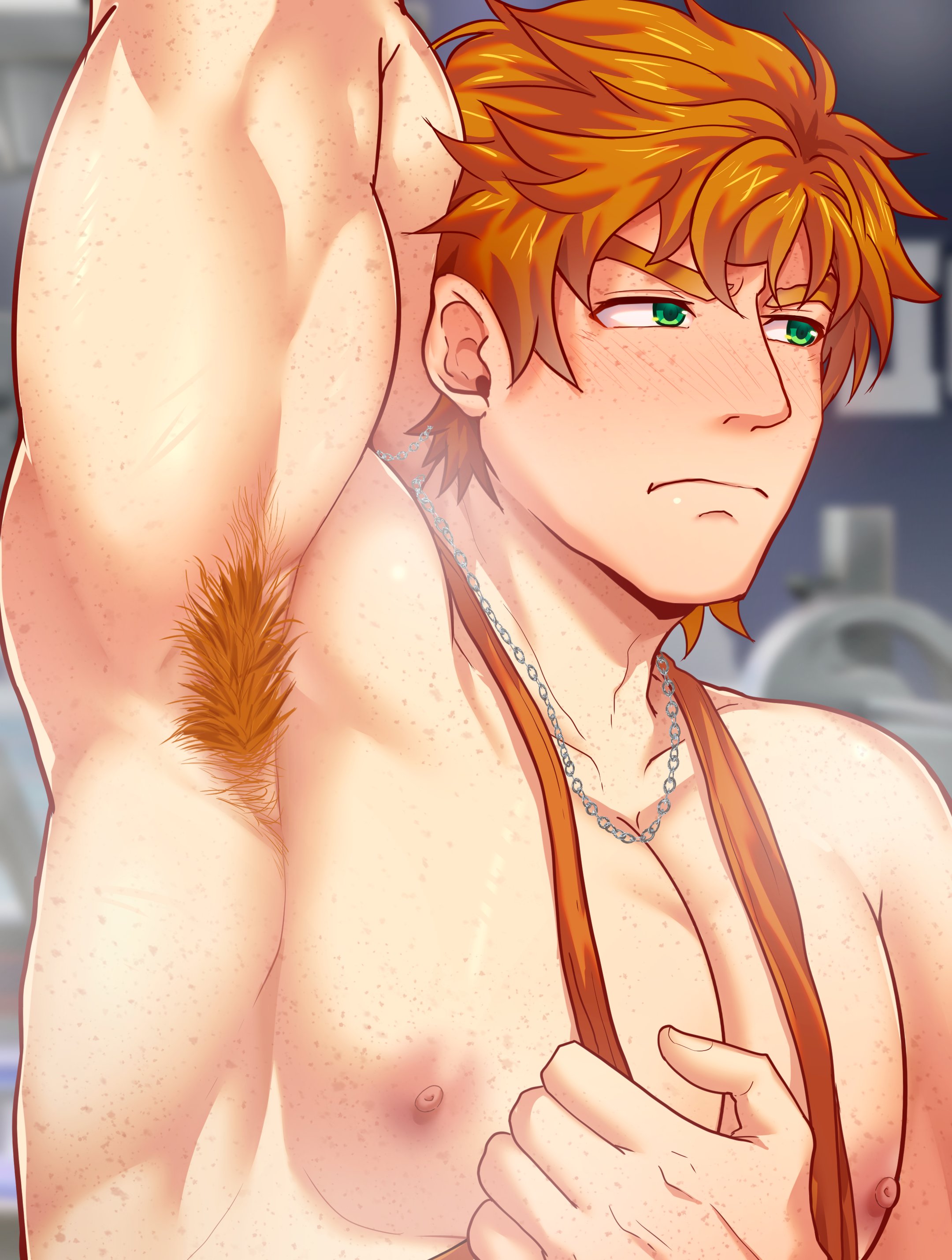 armpit fetish, armpit focus, armpit hair, armpits, blush, bryce callahan, focus, focus on chest, freckles, gay, gay male, green eyes, jock, jock studio, male, male only, mikkoukun, muscular, orange hair, pecs, showing off, solo male, yaoi