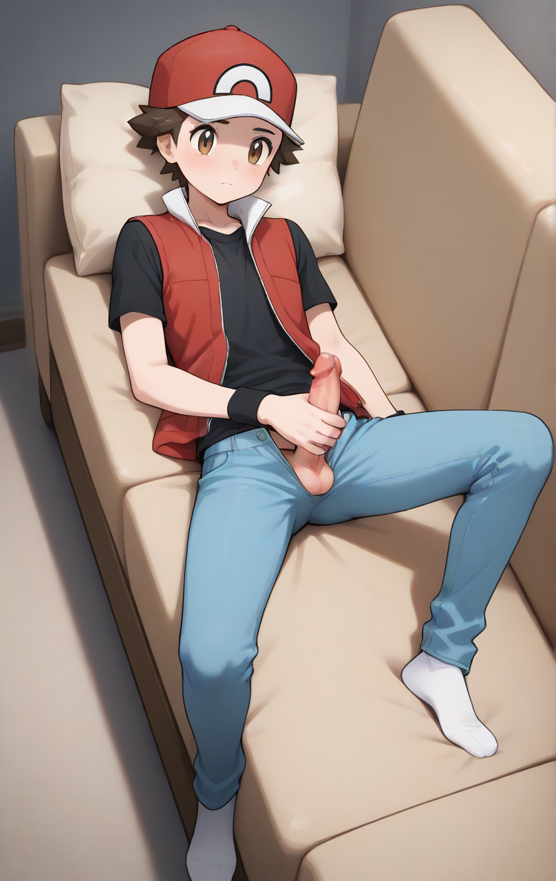 1boy ai ai_generated balls baseball_cap black_shirt blue_pants brown_eyes brown_hair closed_mouth couch hat jeans lying lying_on_couch male male_masturbation masturbation on_couch open_pants penis pokemon pokemon_(game) pokemon_rgby red_(pokemon) red_vest socks solo testicles unzipped_pants wristband