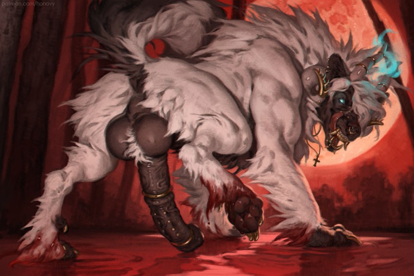 balls big_balls big_penis blood caprine caprine_demon cock_ring equine_penis fangs feral full_moon gold_(metal) honovy hybrid koazy male male_only penis werewolf white_fur