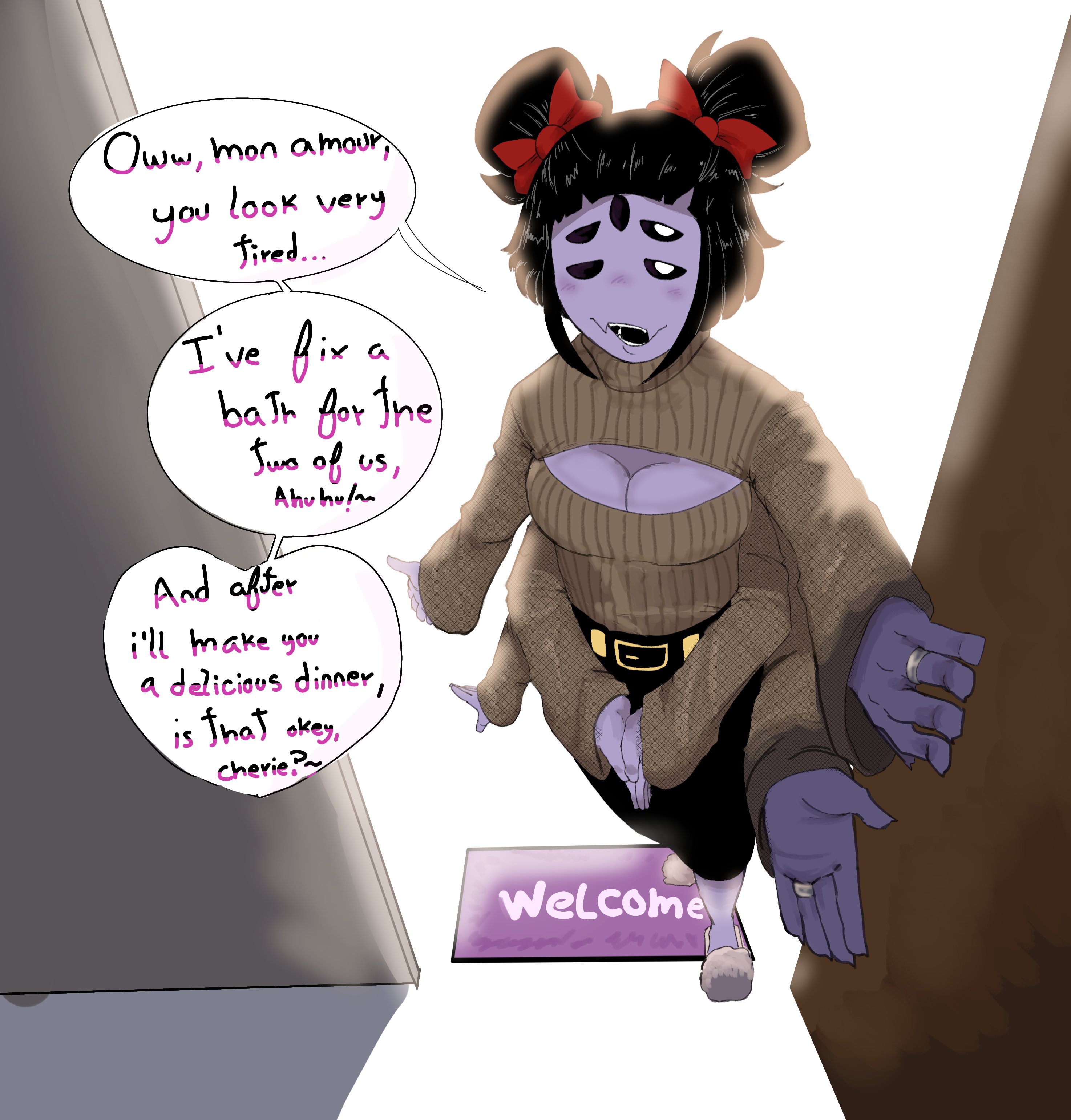 1girls, 5 eyes, 6 arms, arachnid, belt, black hair, black pants, black sclera, boob window, bow, breasts, closed eyes, dialogue, door, fangs, female, female only, french, french female, french muffet, french text, inviting, muffet, multi arm, multi eye, multi limb, open mouth, purple skin, rings, short hair, slippers, sole female, solo, spider girl, sweater, tagme, talking to viewer, undertale, undertale (series), welcoming, white eyes, wholesome, wife material, zackocafeina