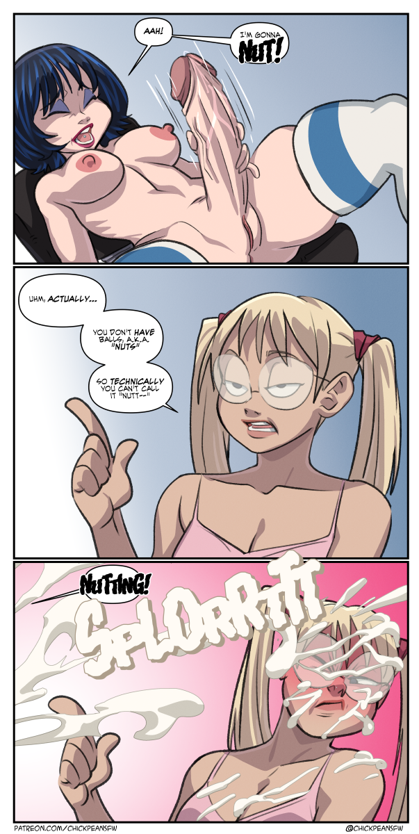 2020 3koma angry big_penis black_hair blonde_hair blue_background blue_highlights blush breasts chair chickpea colored comic correcting cum_announcement cum_on_breasts cum_on_face cumming cumshot dialogue ejaculation english_text futa_sans_balls futanari glasses hairless_penis hairless_pussy jenny_(chickpea) katie_(chickpea) masturbation moaning nipples original original_character original_characters pink_background pussy simple_background sound_effects speech_bubble stroking_penis text thighhighs twintails uncensored white_skin